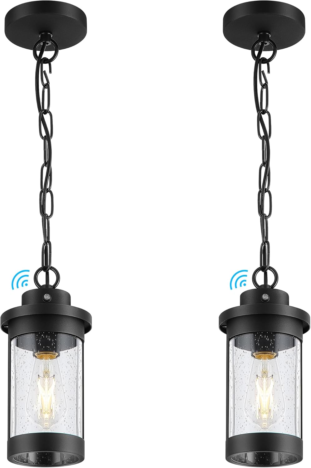 Outdoor Pendant Light, Outdoor Pendant Lights for Porch with Dusk to Dawn Sensor,Outdoor Hanging Light with Seeded Glass, Adjustable Chain, KR3337-W-1PK