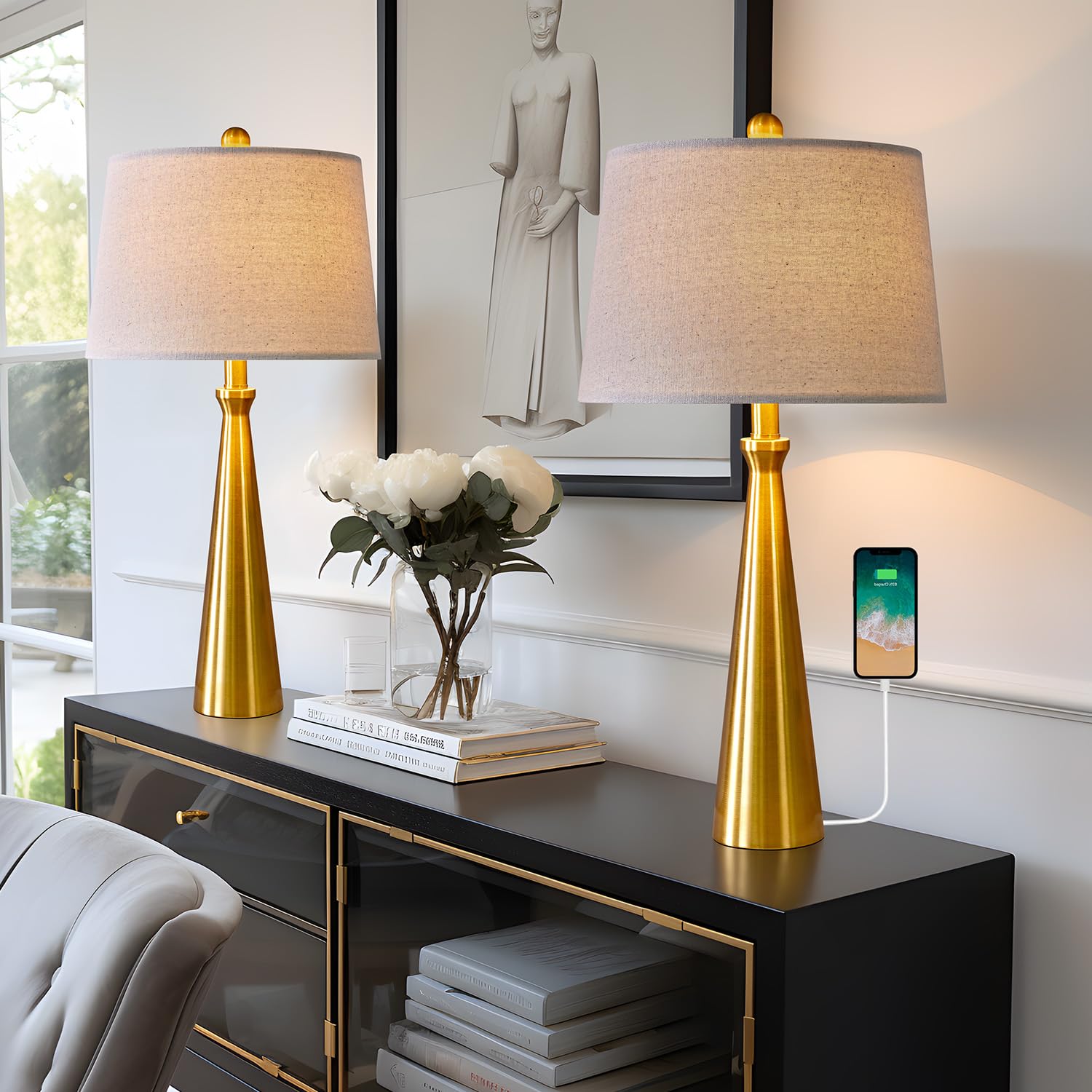 Modern Table Lamps with USB Port Set of 2 Accent Gold Nightstand Lamp for Living Room Bedroom Office Black