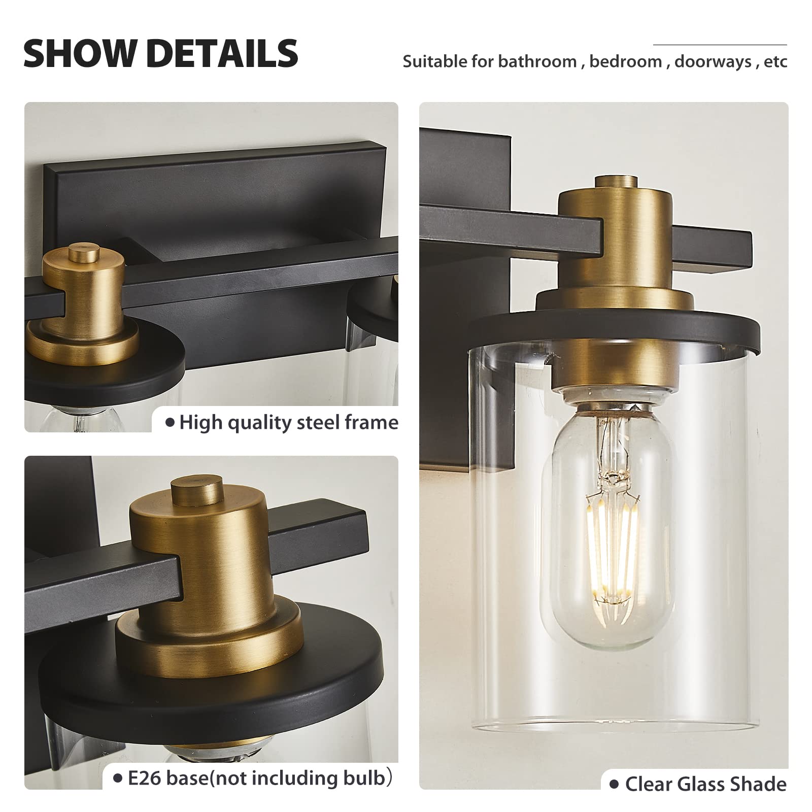 3 Light Bathroom Vanity Light, Black and Gold Bathroom Light Fixtures with Clear Glass Shade, Matte Black Finish, Brushed Gold Copper Accent Socket, Modern Gold Vanity Lights for Bathroom Over Mirror