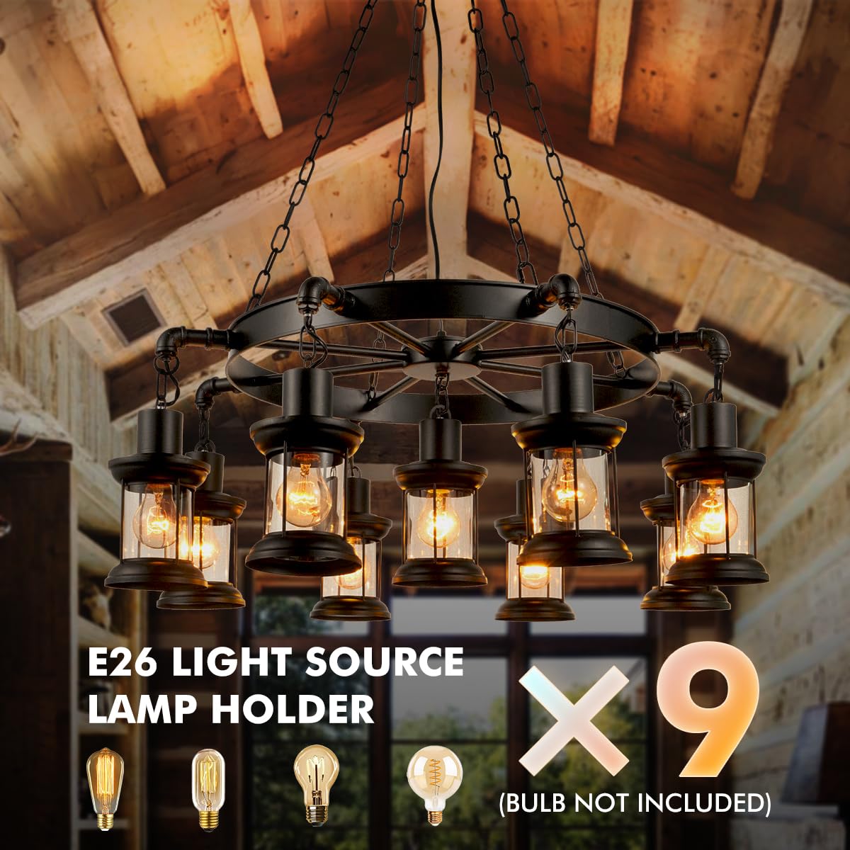 8 Lights Industrial Retro Wooden Chandelier Pendant Light Island Hanging Ceiling Fixture Vintage Farmhouse Wood Light Adjustable Chain for Home Cafe Bar Restaurant (39.4")