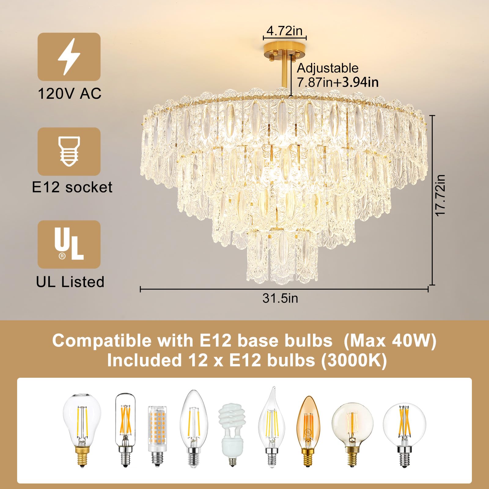 Wansi Modern Crystal Chandeliers for Bedroom: 24" Gold Crystal Hanging Ceiling Light Fixture with 3 Tiers French Glass Lampshade - Semi Flush Mount Chandelier for Dining Room Kitchen Included Bulbs