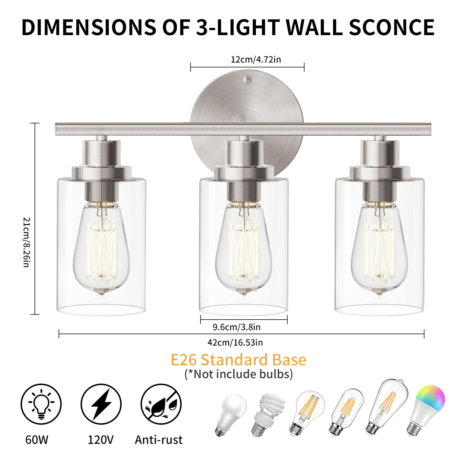 1-Light Bathroom Wall Sconce, Matte Black Vanity Light, Modern Wall Light Fixture with Clear Glass Shade and E26 Bulb Base, Wall Lamp Wall Mount Light Fixtures for Mirror, Bedroom, Hallway