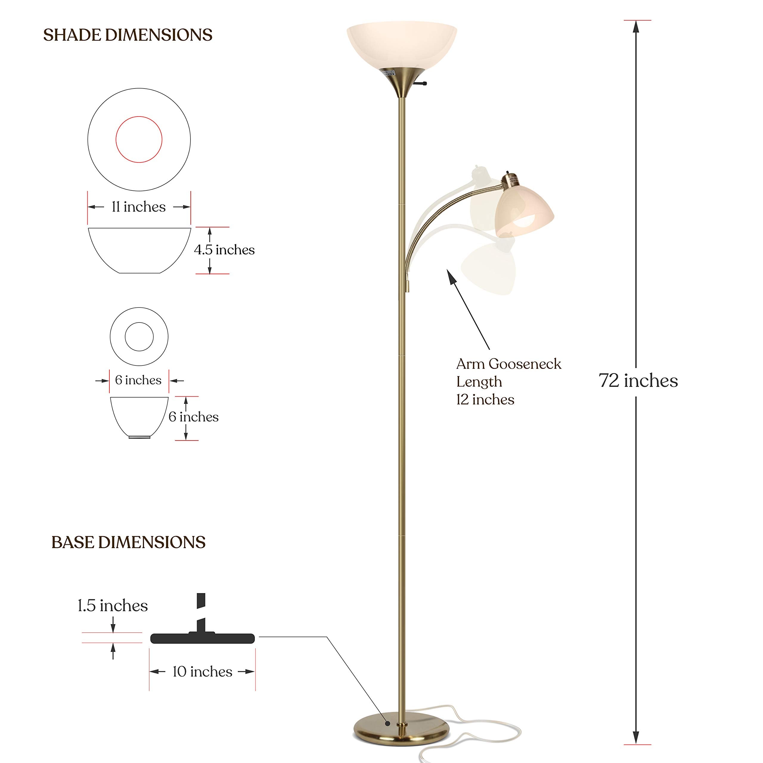 Sky Dome Plus LED Floor lamp, Torchiere Super Bright Floor Lamp with Reading Lamp for Living Rooms & Offices - Dimmable Tall Standing Lamp for Bedroom Reading - Gold Brass