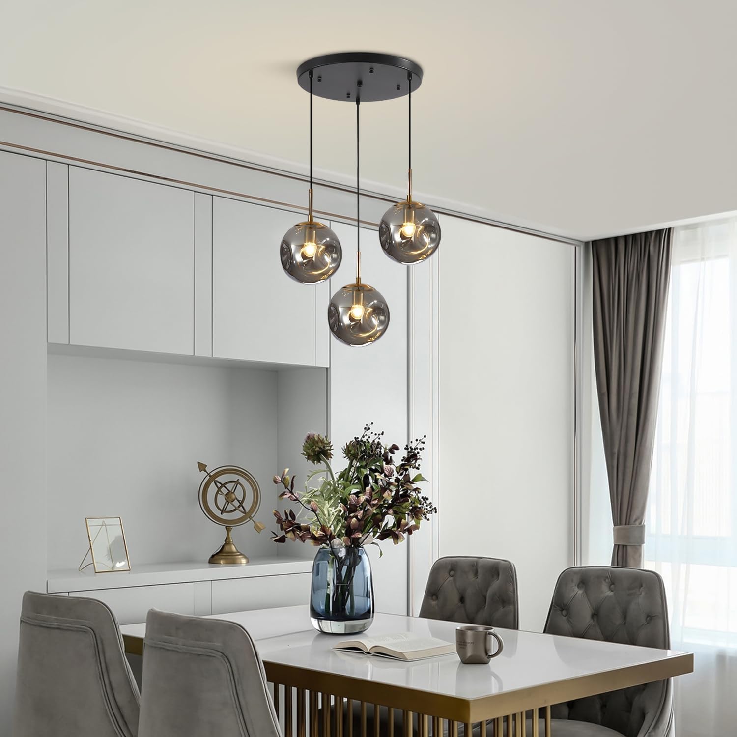 BOKT Modern Gold Kitchen Island Pendant Light Mid Century 3-Lights Globe Pendant Light Fixture Cluster Multi Light Pendant Lighting Bedside Glass Ball Pendant Lamp