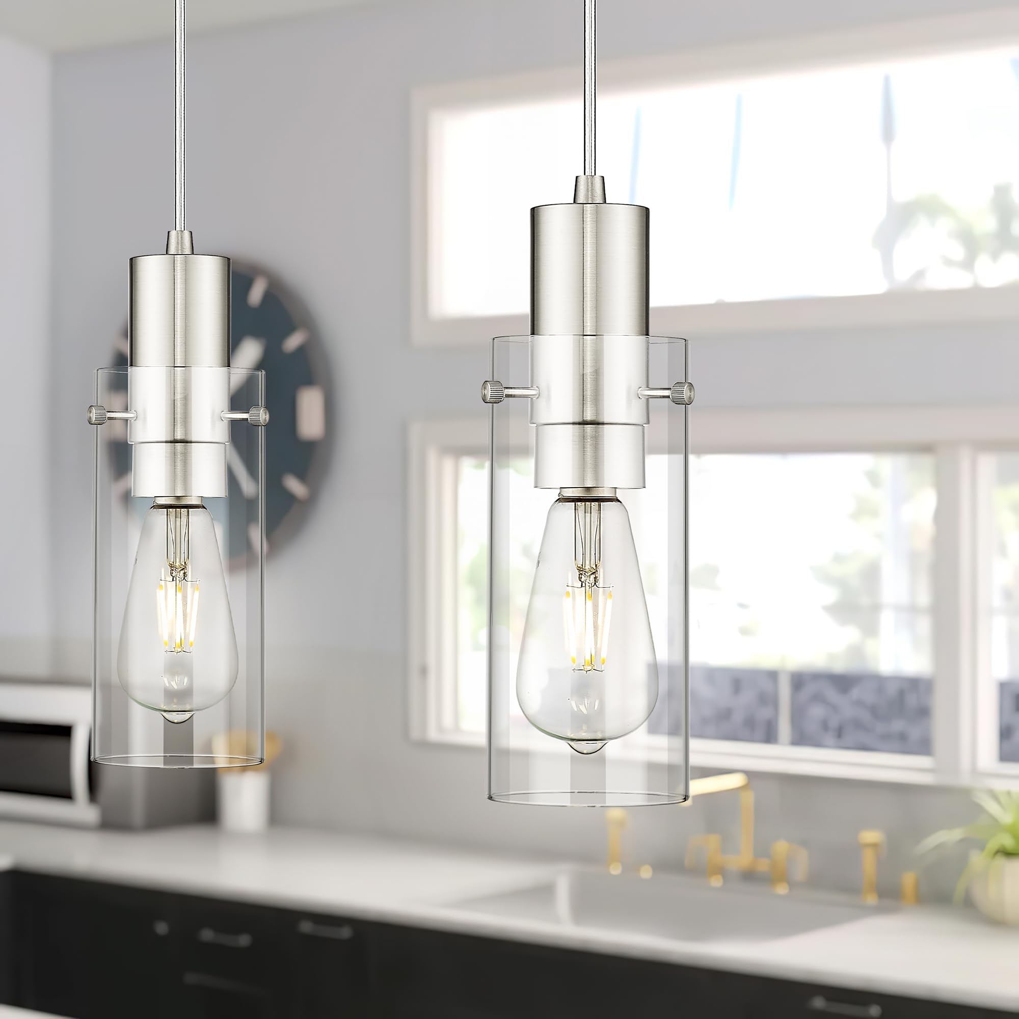 Emak Gold Pendant Light Fixtures, 3-Light Pendant Lights with Clear Glass Shade, Modern Farmhouse Hanging Lights for Kitchen Island, Dining Room, Bathroom, Bedroom, PL120-GD-CL