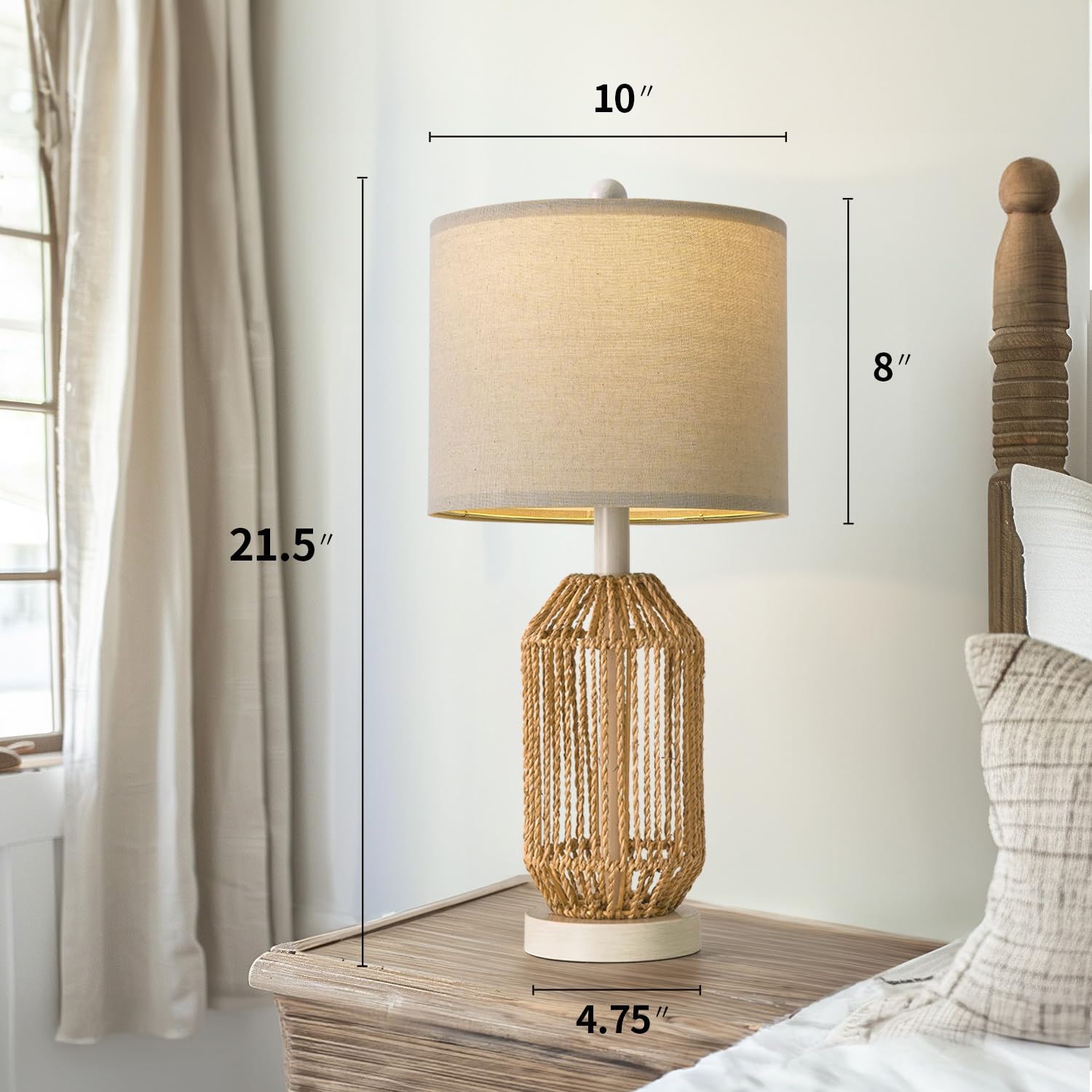 OYEARS 21" Boho Table Lamp for Living Room, Bedside Lamp for Nightstands, Rattan Lamp for Bedroom, Farmhouse Table Lamp for Room Decor, End Table, Retro, Brown, 1 Pack