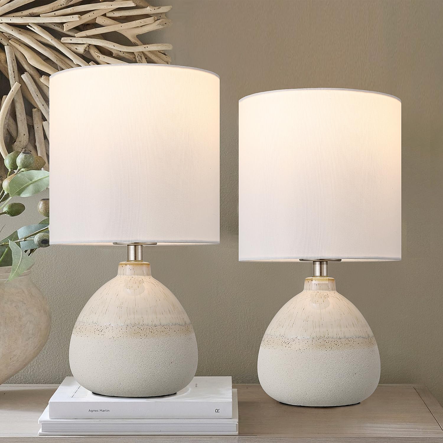 Rustic Farmhouse Ceramic Table Lamp Set of 2, Retro Bedsides Lamps Bedroom with Beige Fabric Lampshade Jar Lamps for Nightstand, 12” Small Table Lamp for Bedroom Living Room Office End Table Art Deco