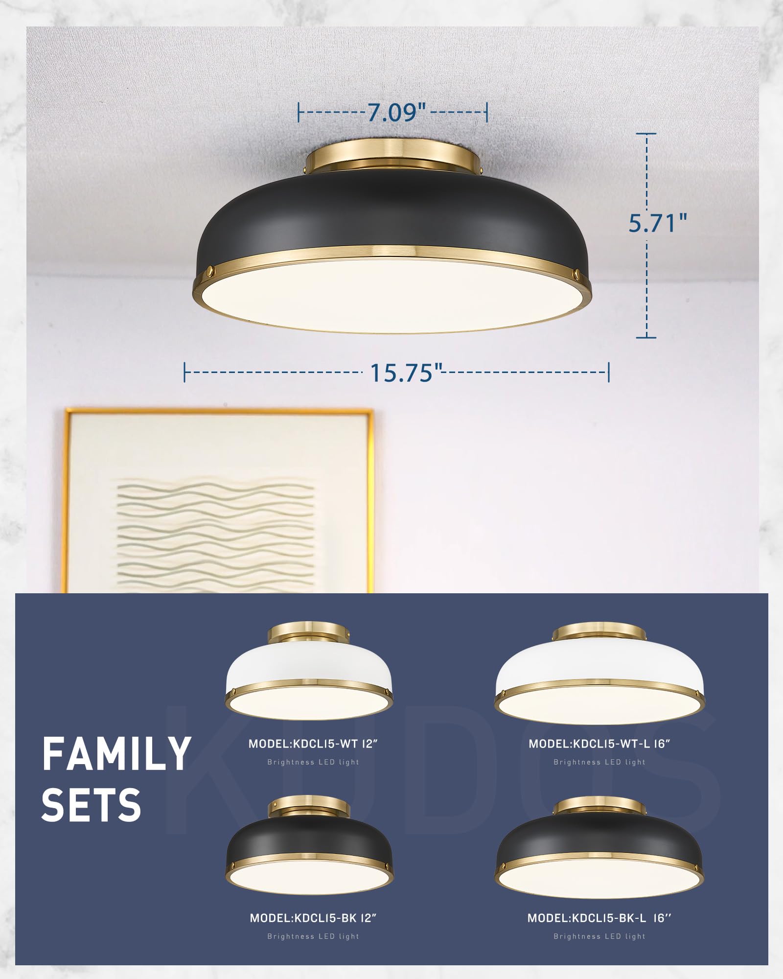 Ceiling Light, 12-inch LED Flush Mount Ceiling Light, Black and Gold Finish, 24W/1100lm Light Fixtures ceiling mount for Living Room, Bedroom, 3000K/3700K/4500K/5100K/6000K Adjustbale, KDCL15-BK