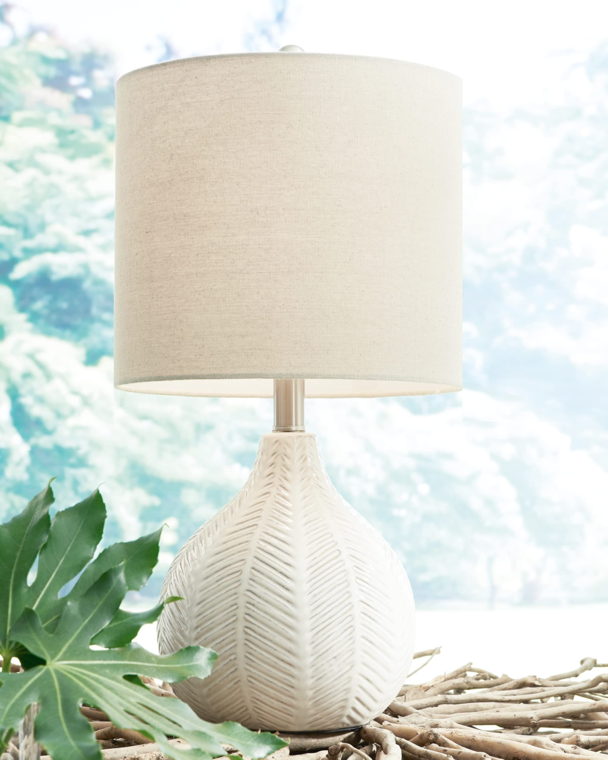 20" Modern Herringbone Ceramic Table Lamp, Off White