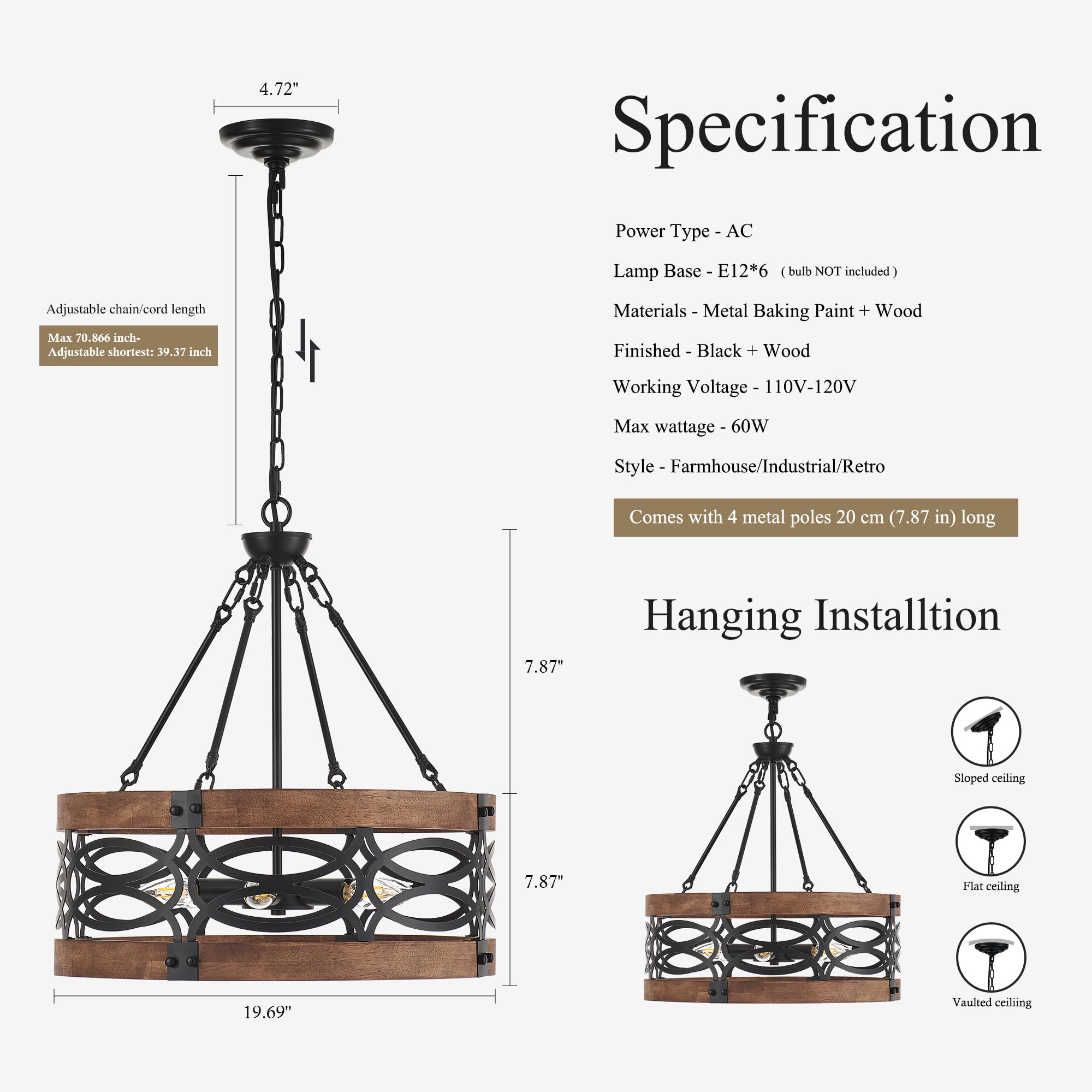 6-Light Farmhouse Wood Pendant Light,22.83'' Vintage Rustic Brown Oak Wood Chandeliers,Retro Industrial Hanging Light Fixtures for Dining Room Entryway, Bedroom