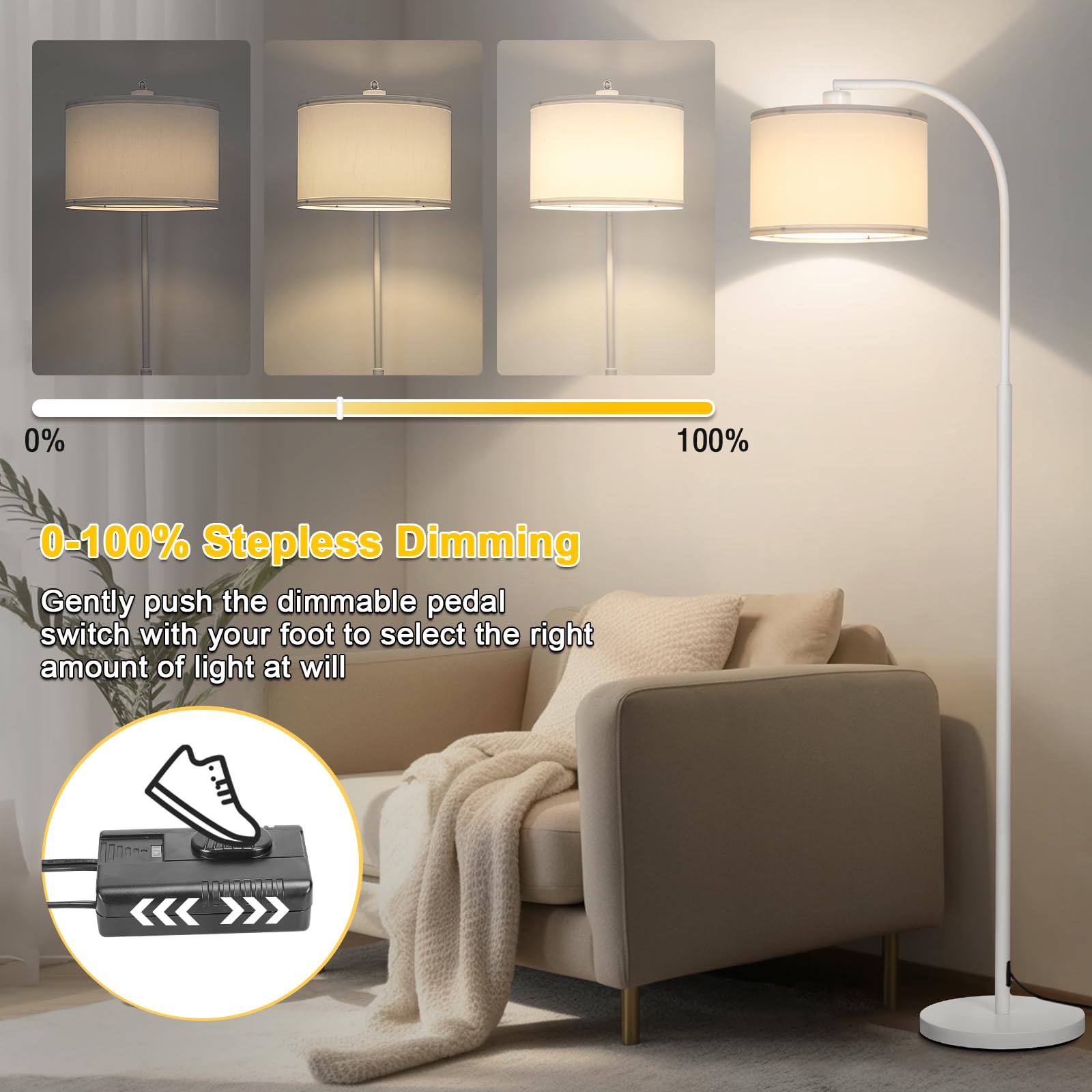 LED Floor Lamp Fully Dimmable Modern Standing Lamp Arc Floor Lamp with Adjustable Drum Shade, Gold Tall Pole Reading Lamp Corner Light for Living Room Bedroom Study Room, Bulb Included