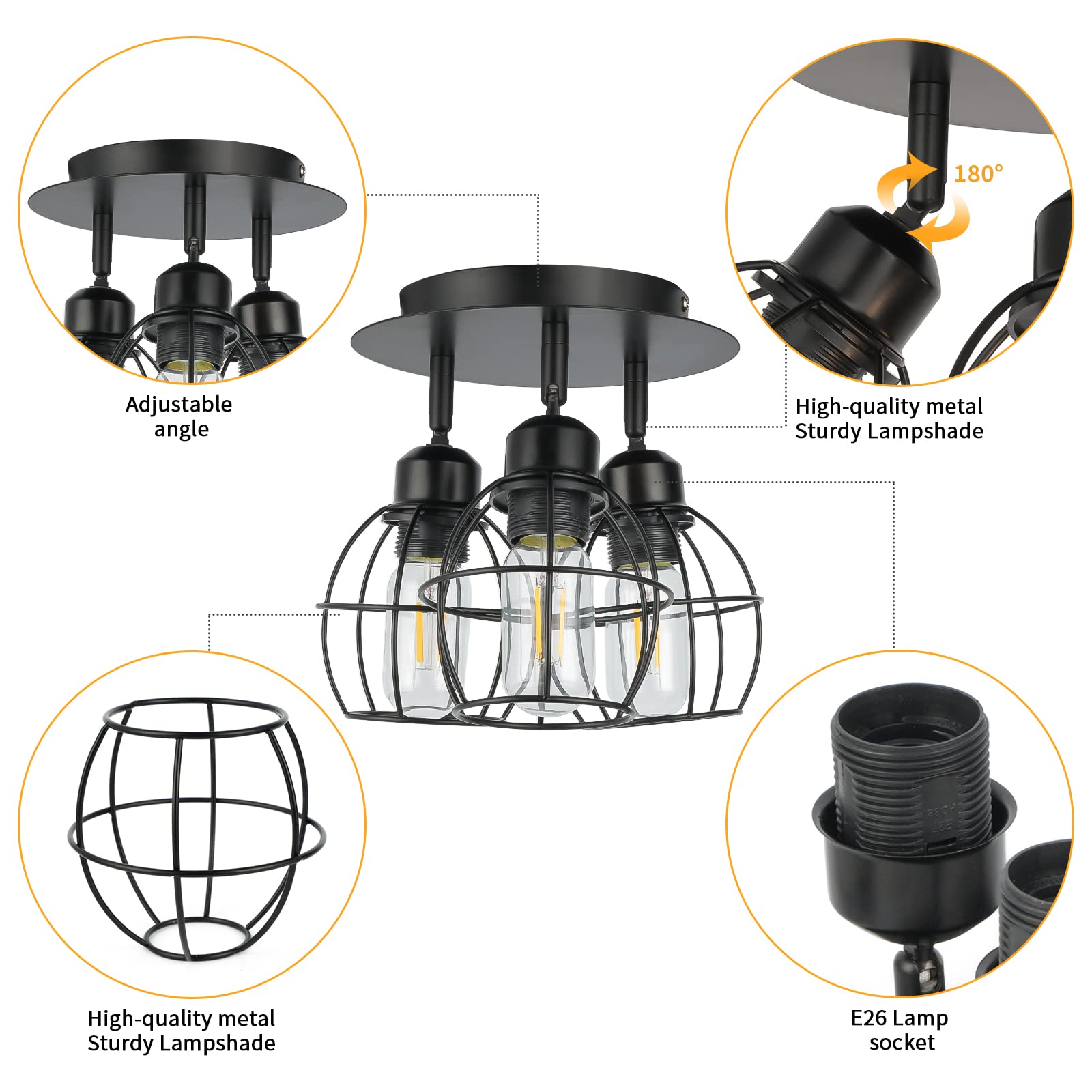 Semi Flush Mount Ceiling Light - Black Light Fixture Hallway Light Fixtures Ceiling Metal Cage Ceiling Light Fixtures Farmhouse Lighting for Porch Kitchen Bedroom Laundry Room Entryway