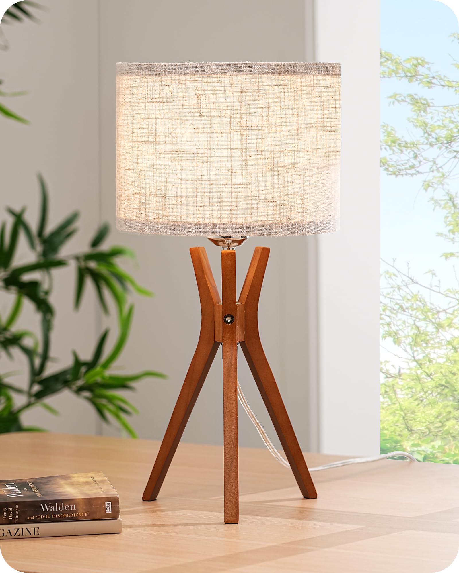 Mid Century Table Lamp, 17.5" Tripod Bedside Lamp with Deep Wood Color Light Base & Beige Linen Lampshade, Nightstand Lamp for Bedroom, Living Room, Reading Room, E26 Base