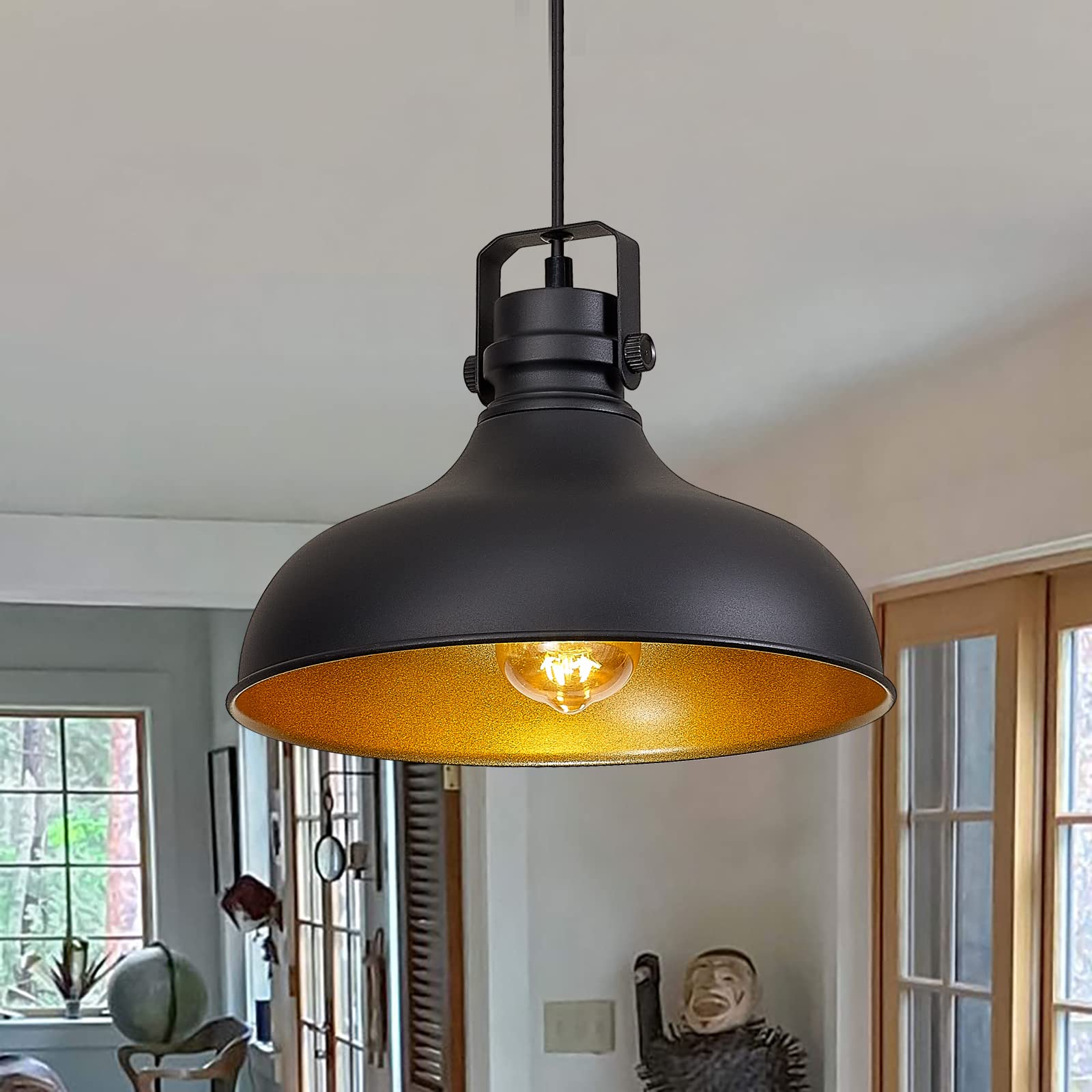 Black Farmhouse Pendant Lights Matte Pendant Lighting for Kitchen Island Industrial Adjustable Height Vintage Dome Hanging Light Fixtures for Barn, Dining Room 3 Packs