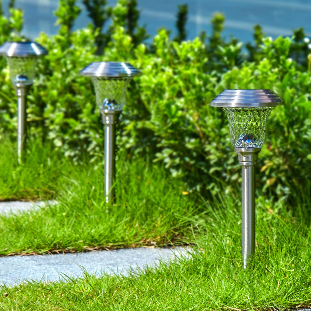 8 Pack Solar Pathway Lights Color Changing + Bright White Outdoor Garden Stake Glass LED Stainless Steel Waterproof Landscape Path Lighting for Yard Walkway Driveway Outside Black