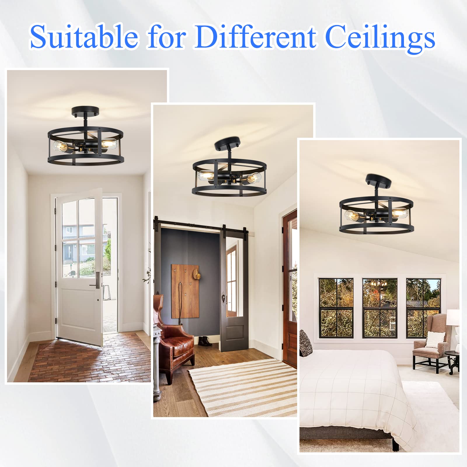 Black Semi Flush Mount Ceiling 3-Light Hallway Light Fixtures Ceiling Mount for Farmhouse,Kitchen,Hall (2 Pack)