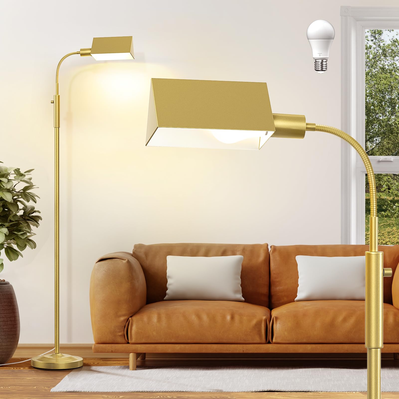 Stepless Dimmable Floor Lamp, Modern Reading Floor Lamp with Adjustable Metal Gooseneck, Standing Lamp for Living Room Bedroom Office Home Decor, 9W E26 Base Bulb Included(Gold)