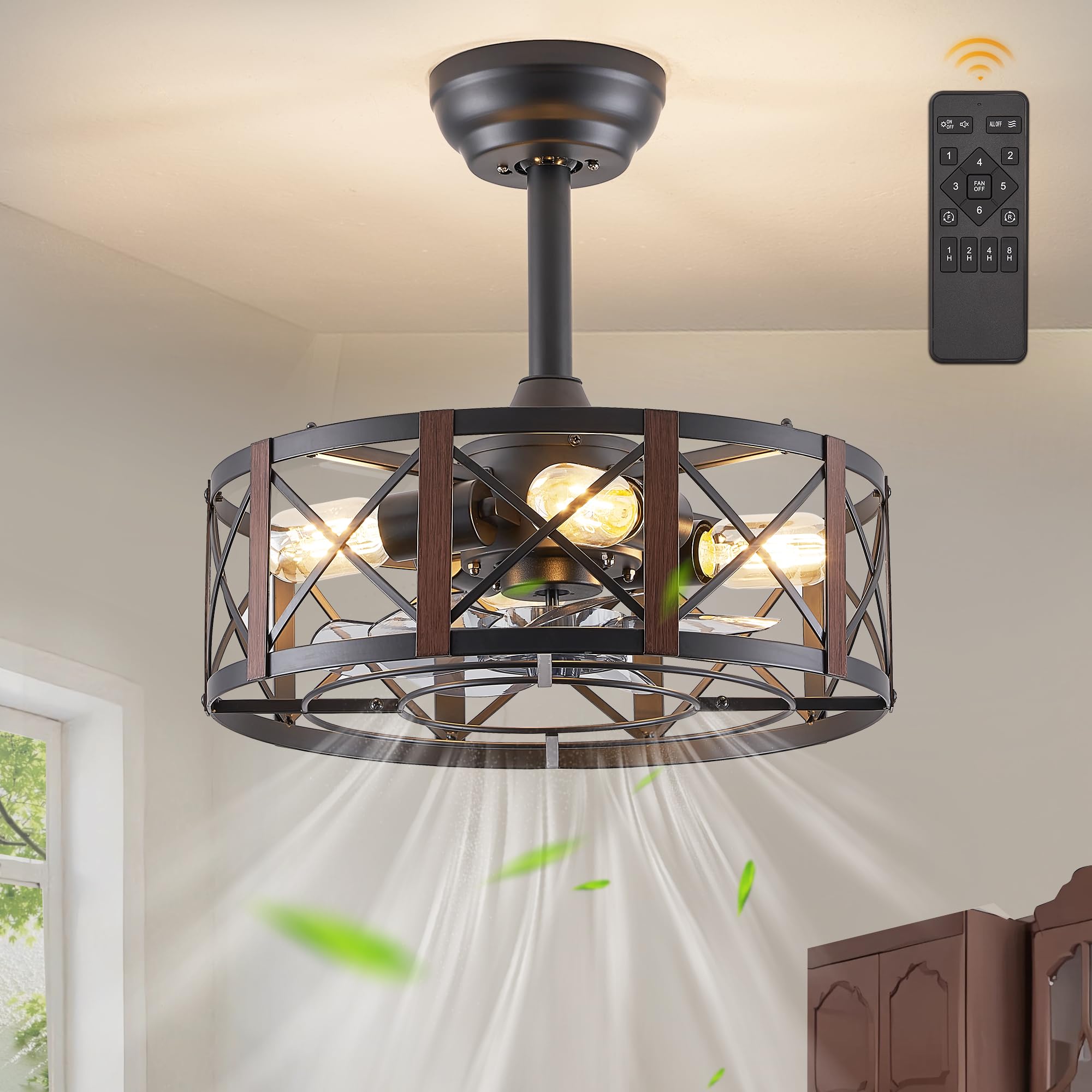 16in Caged Ceiling Fans with Lights and Remote, Bladeless Fandelier Ceiling Fan with 6 Speeds and Timing, Farmhouse Samll Fan Lights Ceiling Fixtures for Kitchen, Bedroom, Outdoor-Black X