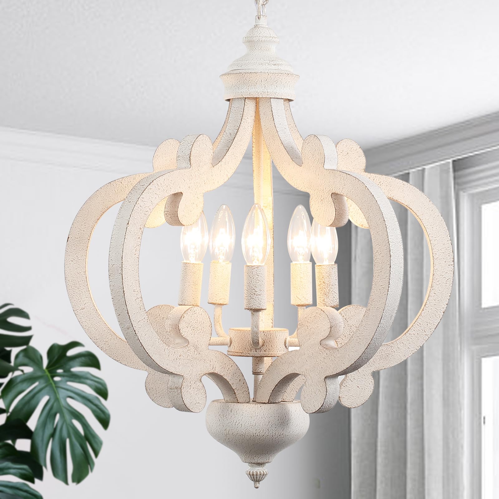 Wooden Farmhouse Antique White Chandelier, 5 Lights Cottage Lighting Fixture Industrial French Country Chandelier Hanging Ceiling Lamp for Kitchen Island Dining Room Bedroom Foyer Hallway