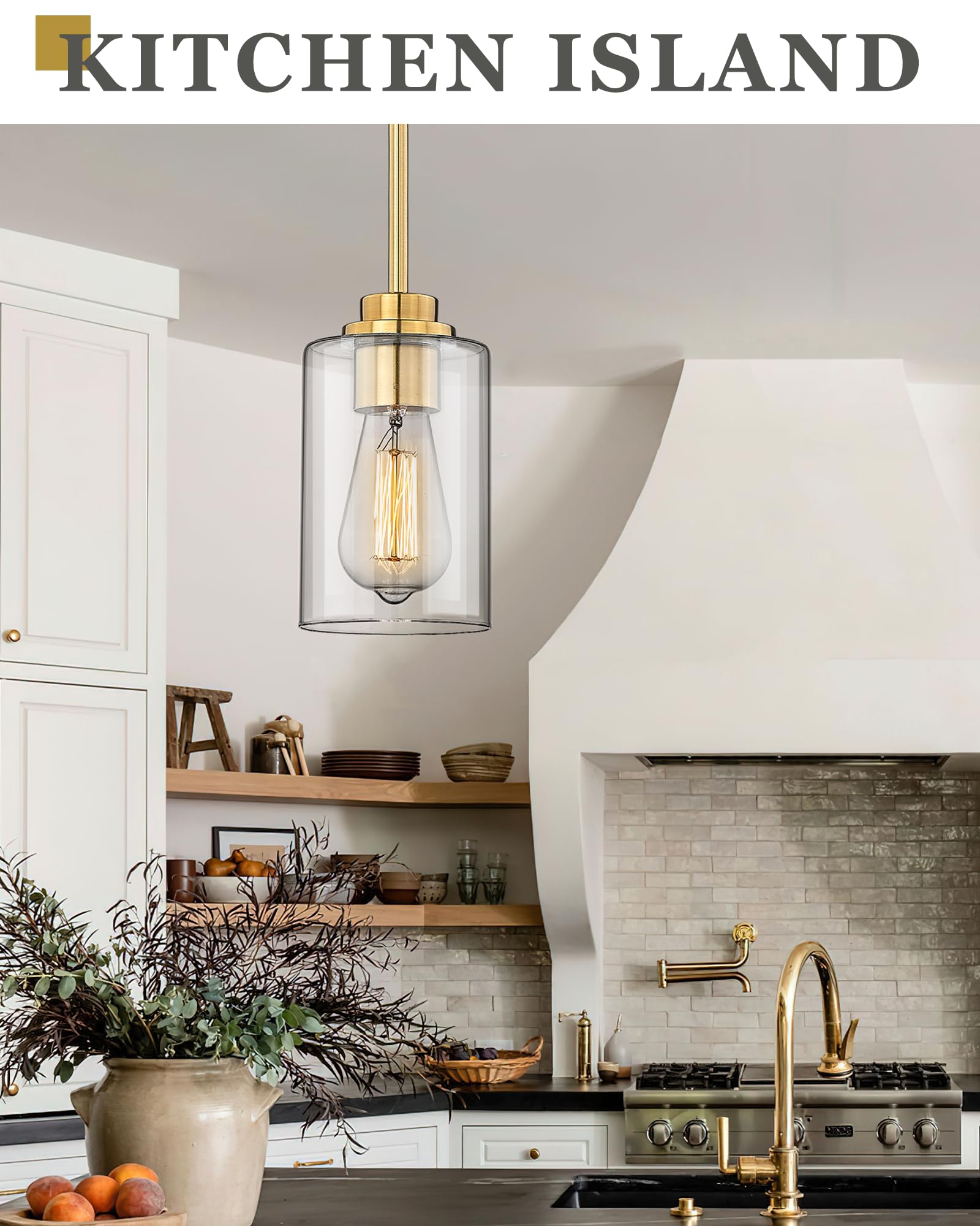 Brass Pendant Lights Kitchen Island 2 Pack, Farmhouse Gold Pendant Light with Clear Glass Globe Shade, Kitchen Island Lighting for Dining Room Entryway, AD-22280-1P2-GD-C