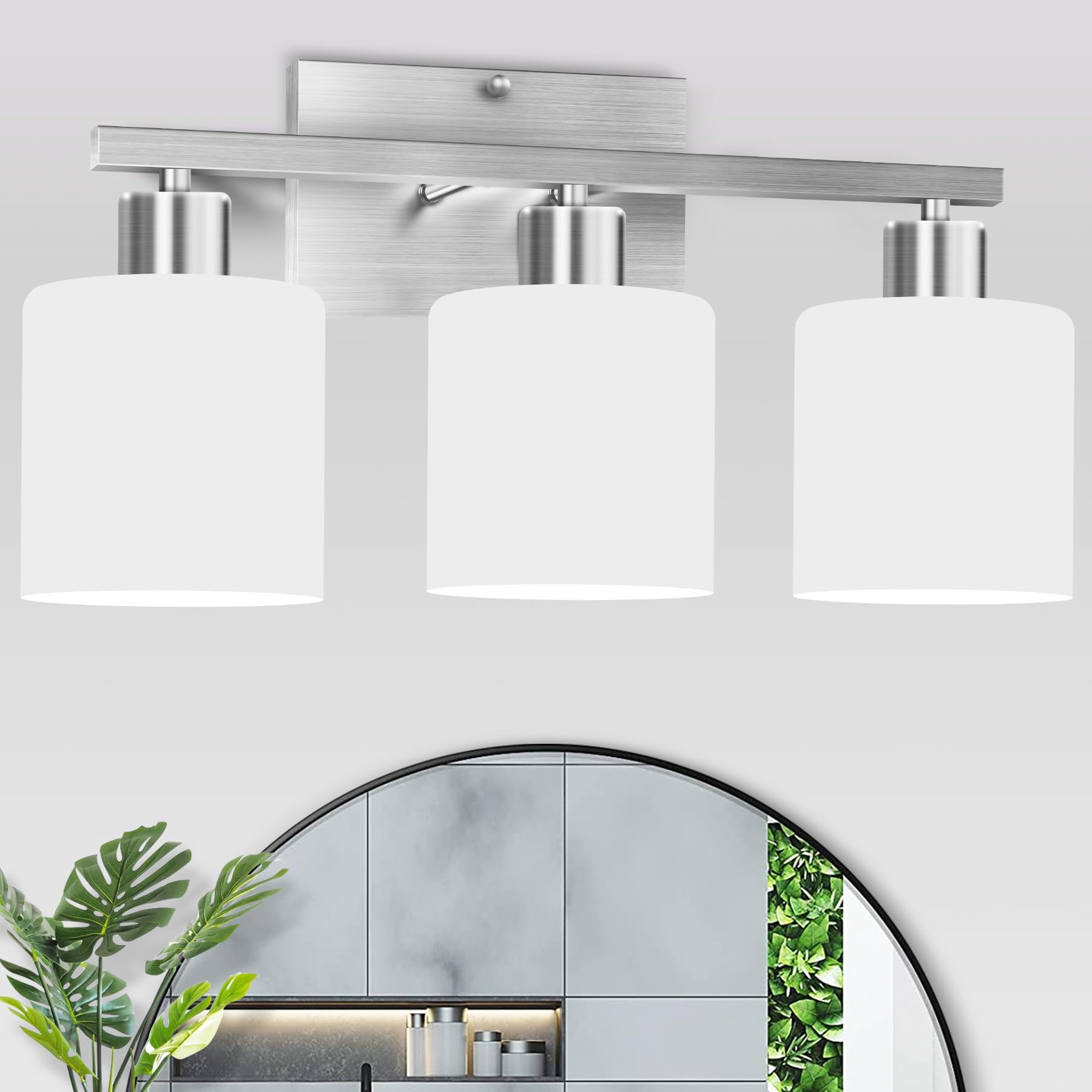 CANMEIJIA 2-Light Bathroom Vanity Light Fixtures Brushed Nickel, Morden Vanity Wall Scones Lighting for Bedroom Living Room, Vanity Lights with Milky White Glass Shades, E26 Socket, Bulbs Not Included