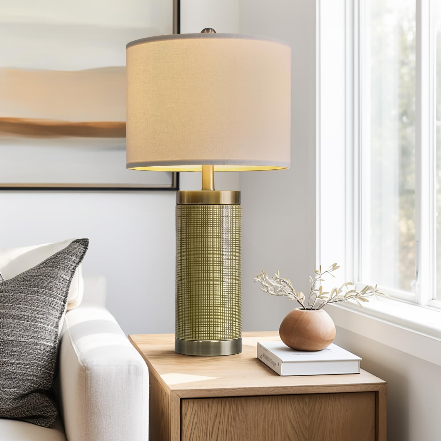 24.5" Modern Ceramic Light-Green Single Bedside Lamp for Bedroom Decor Farmhouse Table Lamp for Living Room Office Dorm