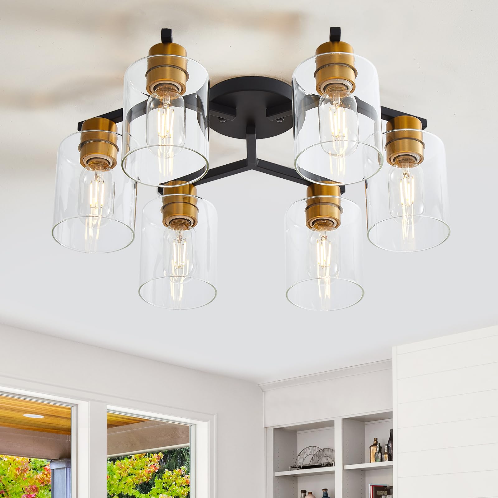 6 Light Semi Flush Mount Ceiling Light, Kitchen Lighting Fixtures Ceiling, Industrial Black Ceiling Light Fixtures with Clear Glass Shade for Hallway, Foyer, Farmhouse, Bedroom, Living Room