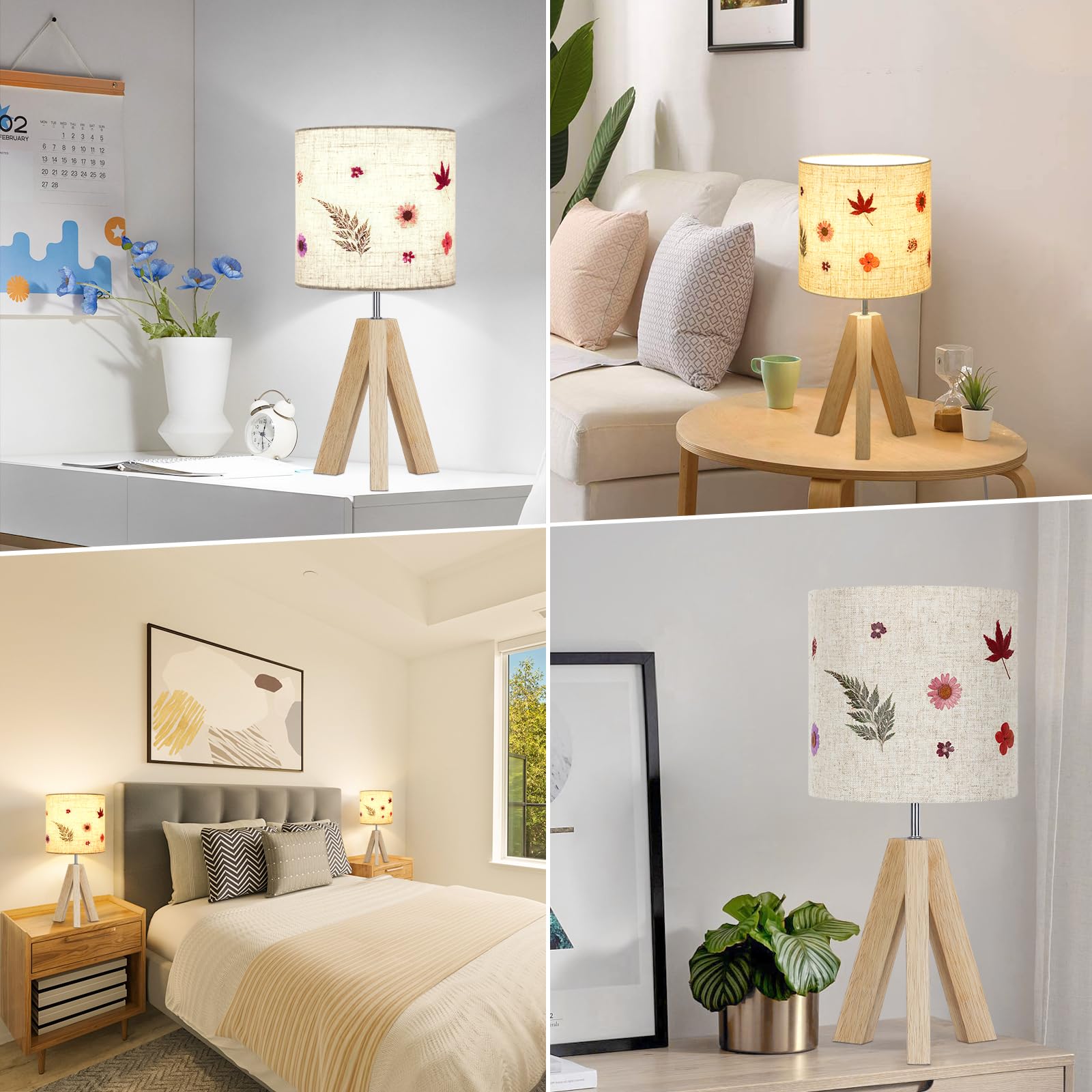 Small Beside Table Lamp, Wood Tripod Table Lamp with White Fabric Shade, Cute Boho Nightstand Lamp, Minimalist Desk Lamp for Bedroom Living Room Nursery Kids Room Office Dorm, Bulb Not Included