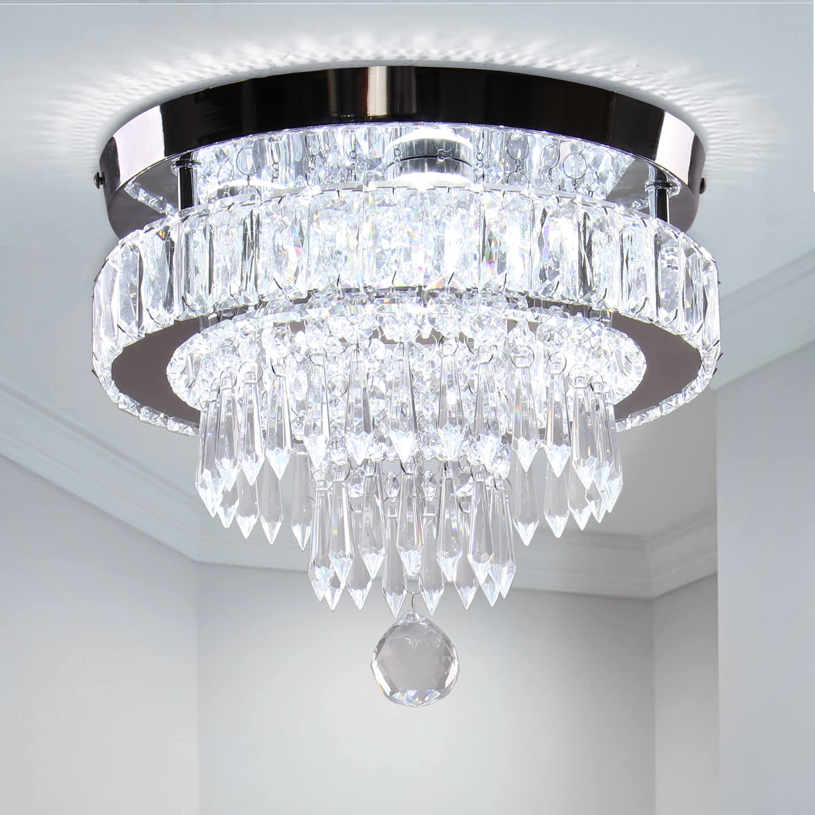 11.8" Crystal Chandelier LED Crystal Flush Mount Ceiling Light Modern Crystal Chandeliers for Bedrooms Dining Room Hallway (6500K Cool White) Without Remote Control