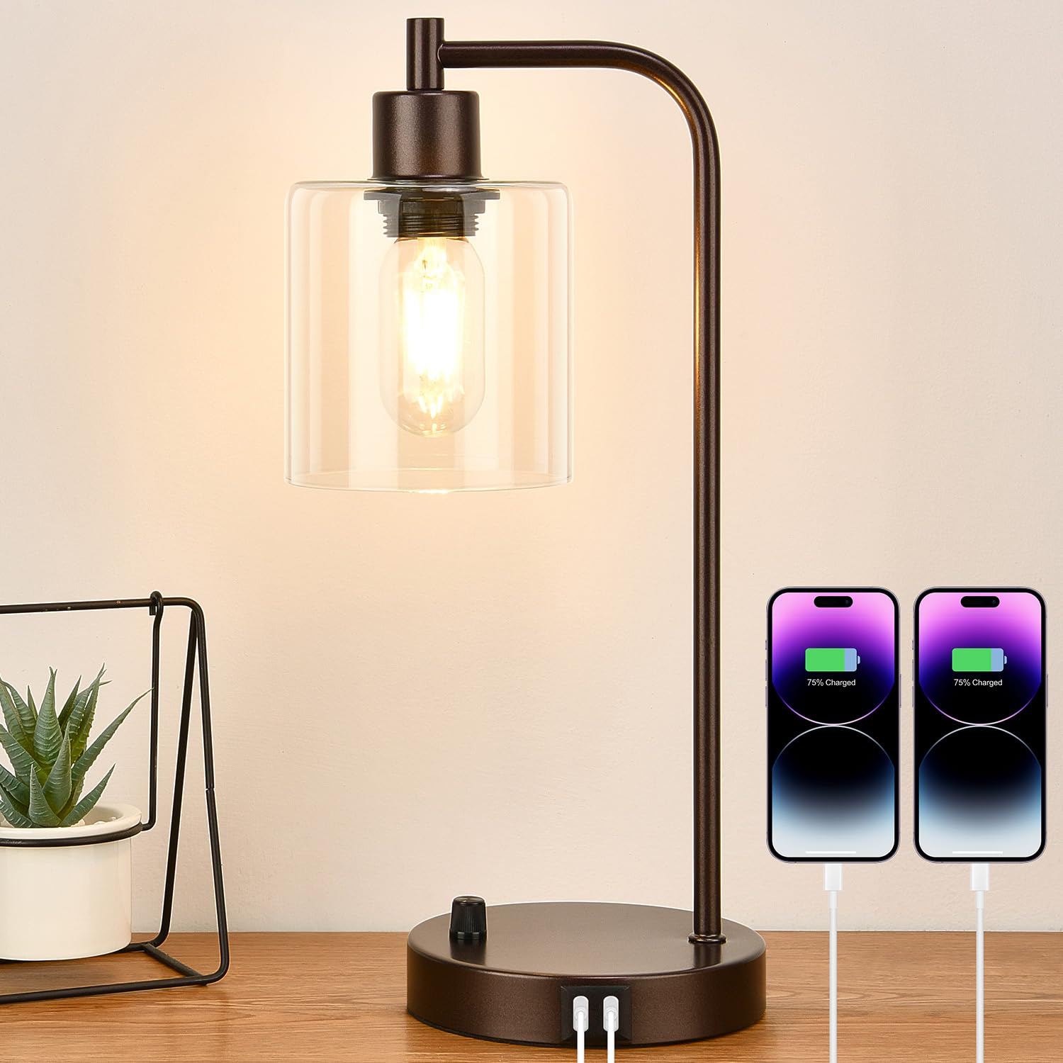 Industrial Table Lamp with 2 USB Charging Ports, Fully Stepless Dimmable Modern Nightstand Lamp, Glass Shade Bedside Desk Lamp for Bedroom Living Room Office, 6W 2700K LED Edison Bulb Included