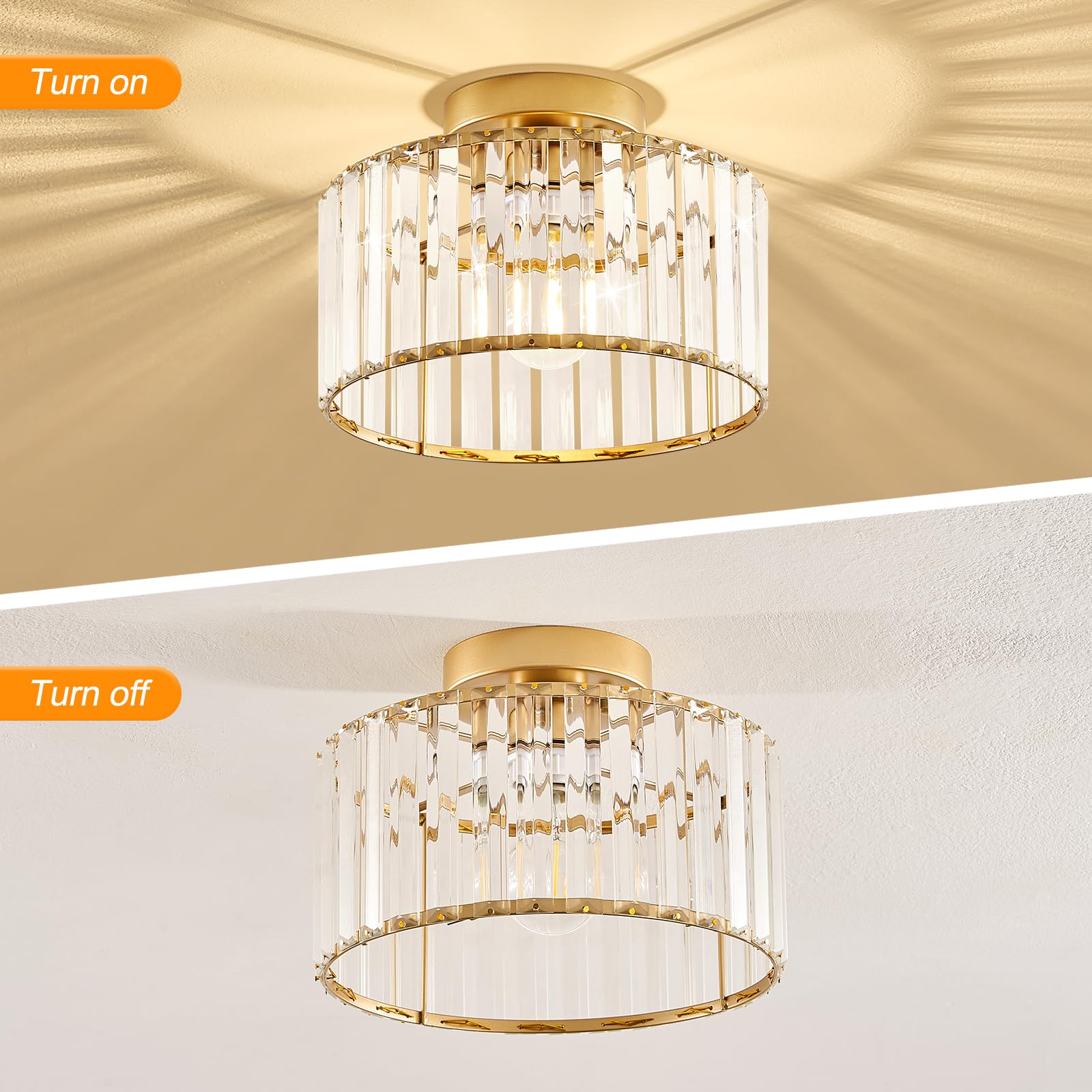 Modern Gold Semi Flush Mount Ceiling Light Crystal Hallway Light Fixture Metal Close to Ceiling Lamp for Kitchen Living Room Bathroom Entryway Bedroom