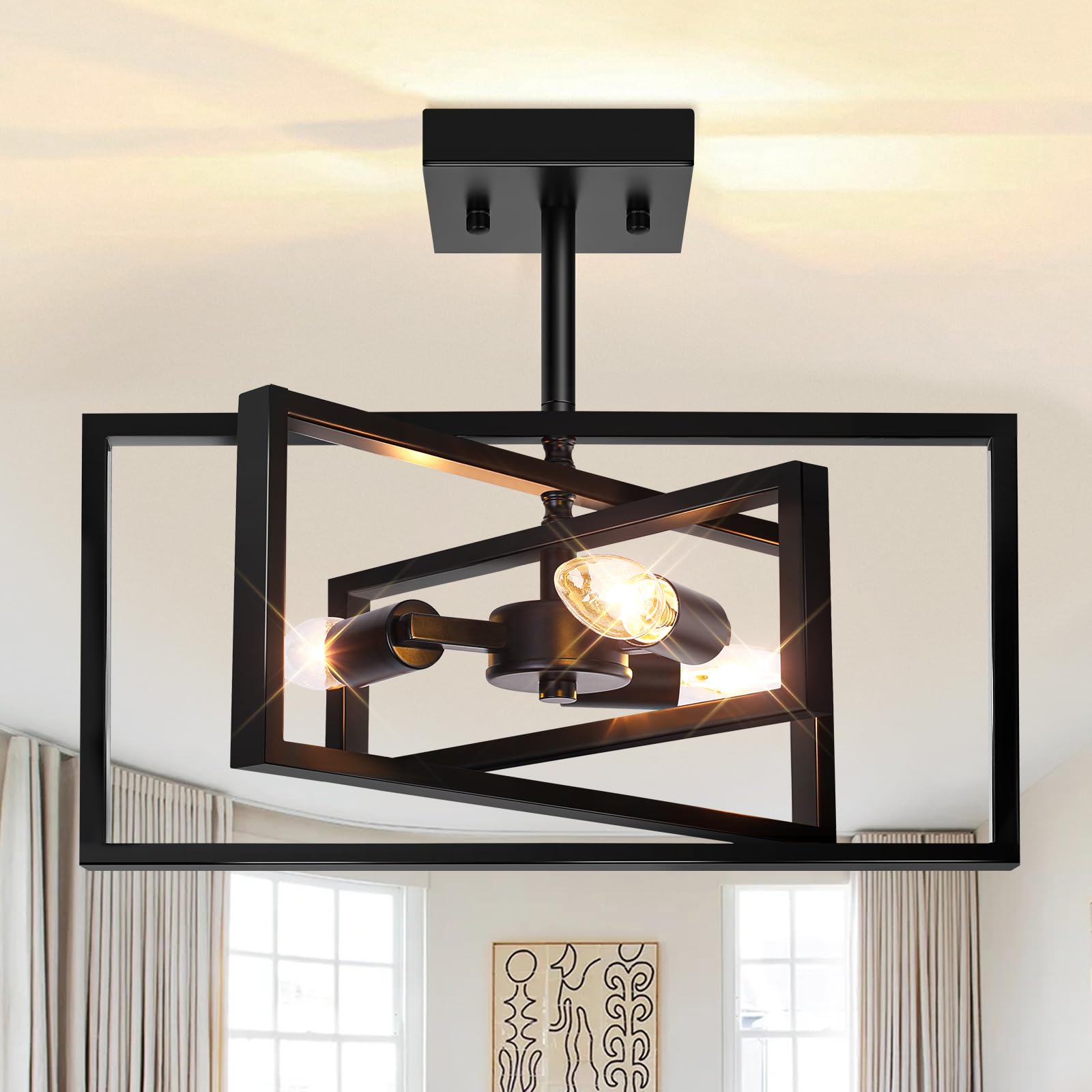 3-Light Farmhouse Semi Flush Mount Ceiling Light Fixture, Rustic Vintage Ceiling Lighting Black Metal, Industrial Ceiling Lamp for Hallway Kitchen Bedroom Dining Room Entryway Foyer