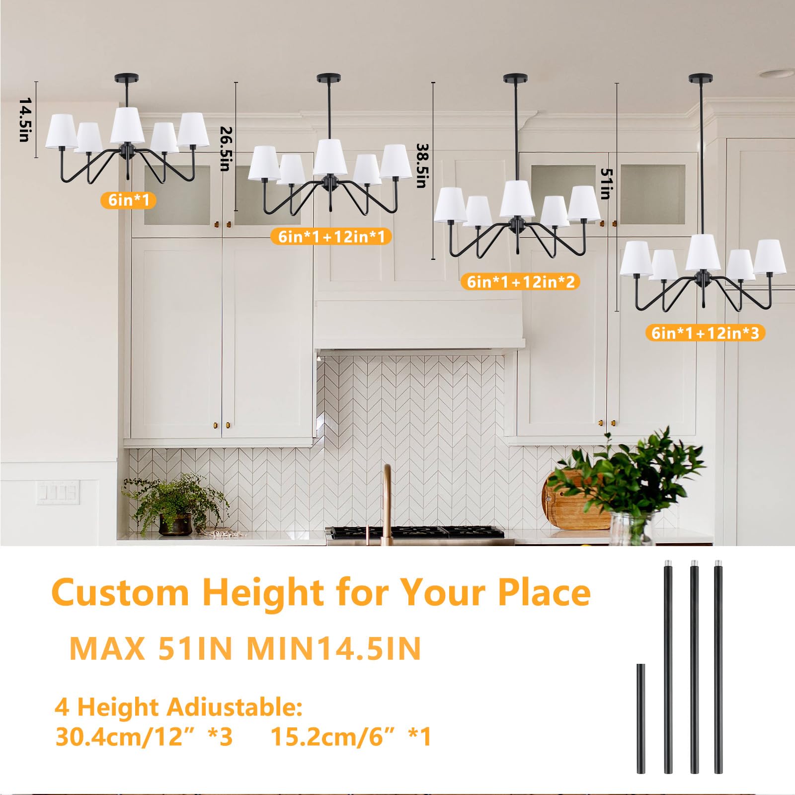 30.5" 5 Arms Gold Chandelier, 5 Lights Kitchen Island Lighting with White Fabric Shade,Dining Room Light Fixture for Hallway Entryway Foyer Living Room，E12.