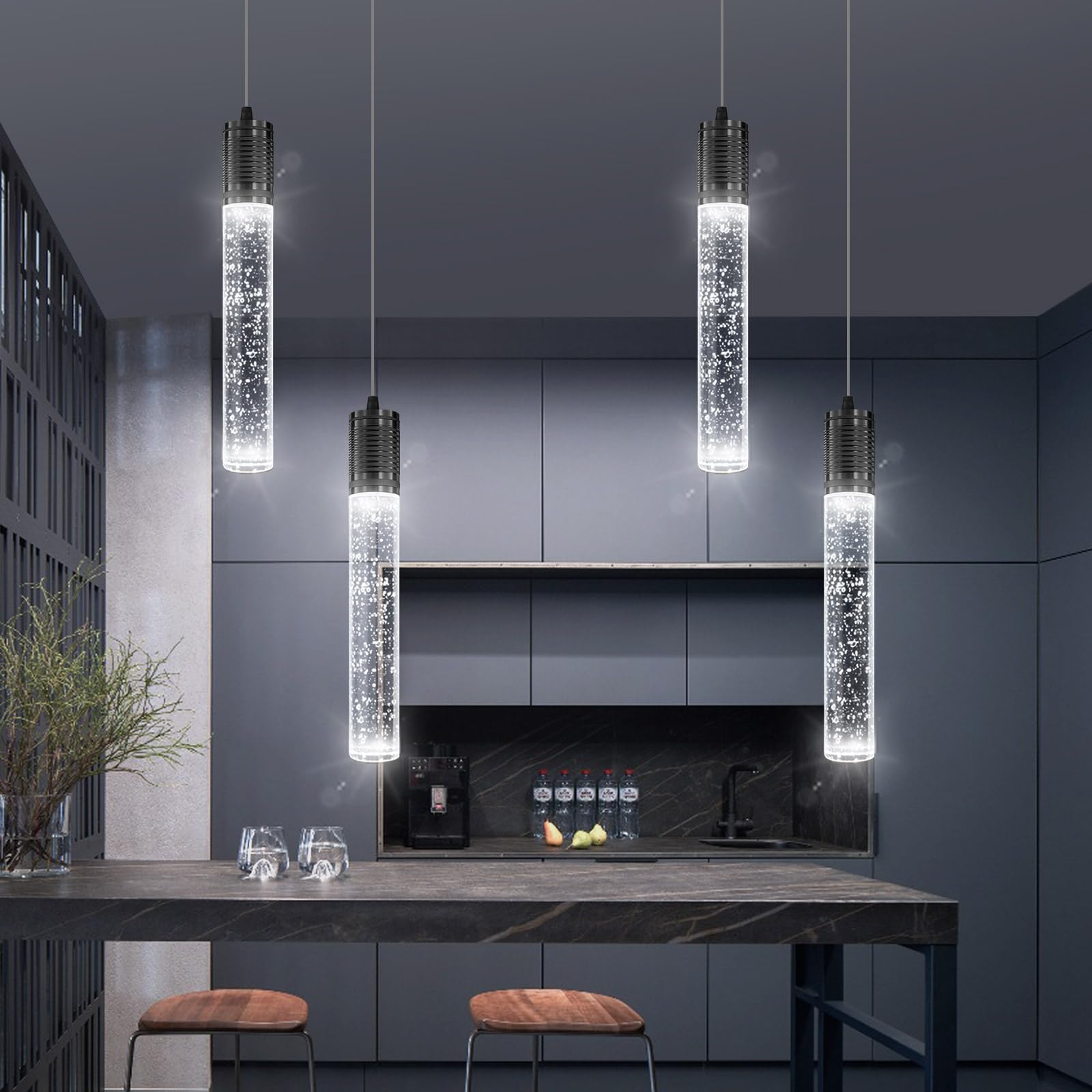 3 Lights Independent Kitchen Island Dining Room Light Pendant Light Fixtures Bubble Crystal Chandeliers Modern Kitchen Island Lighting Chandeliers Fixtures LED Lampara, 6000K LED Bulbs Included