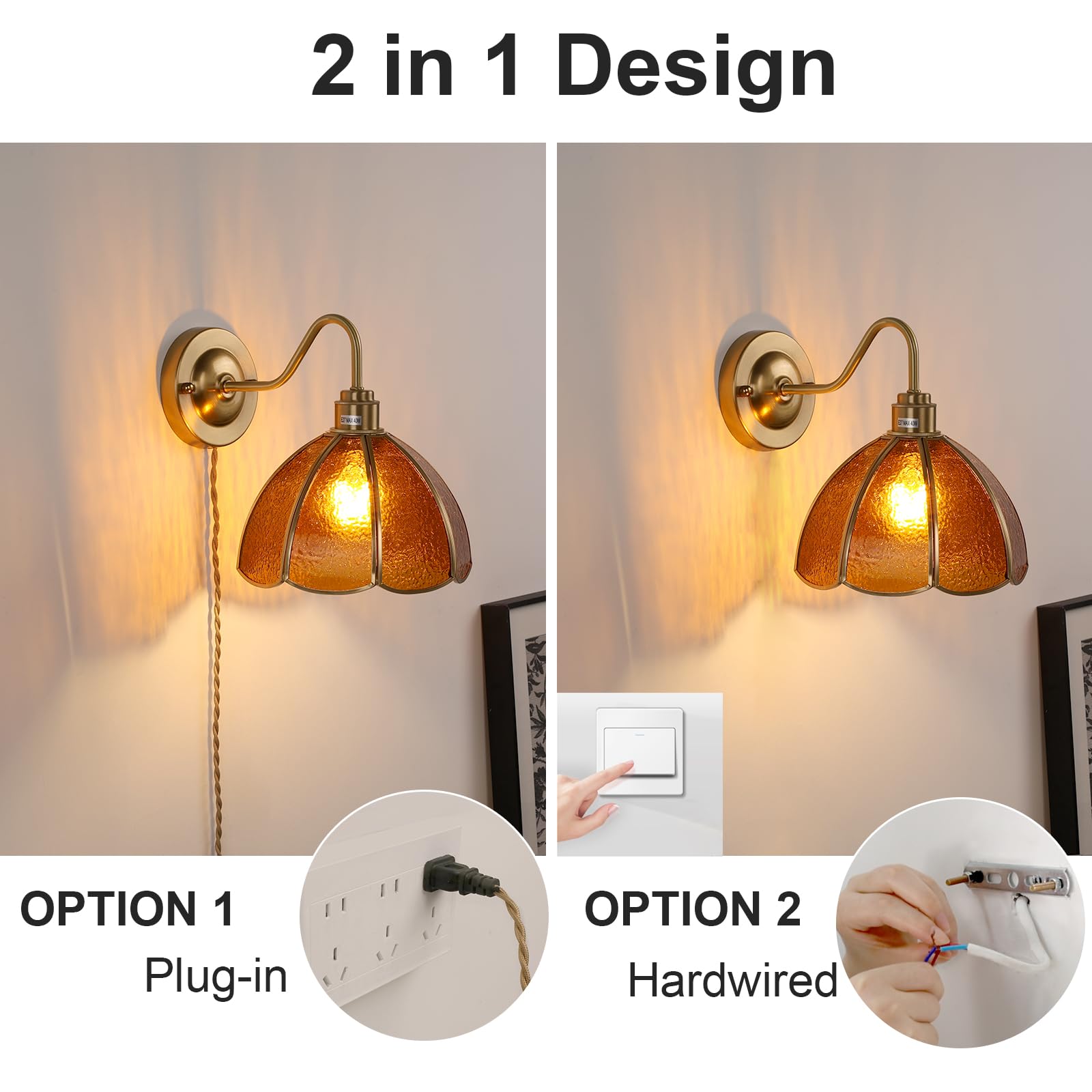 Wall Sconce, Wall Mounted Lamps with Green Checker Sconce, Stained Glass Shade Brass Wall Lights Fixture with Plug in Cord and Switch for Bedroom Bathroom Living Room Hallway