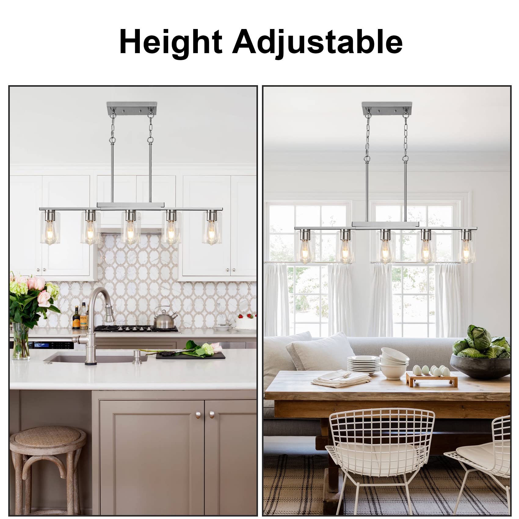 3 Lights Kitchen Island Lighting, Black Pendant Light Fixtures with Glass Shade Dining Room Light Fixture Adjustable Farmhouse Chandelier Modern Pendant Lights Ceiling Hanging Lighting E26 Base