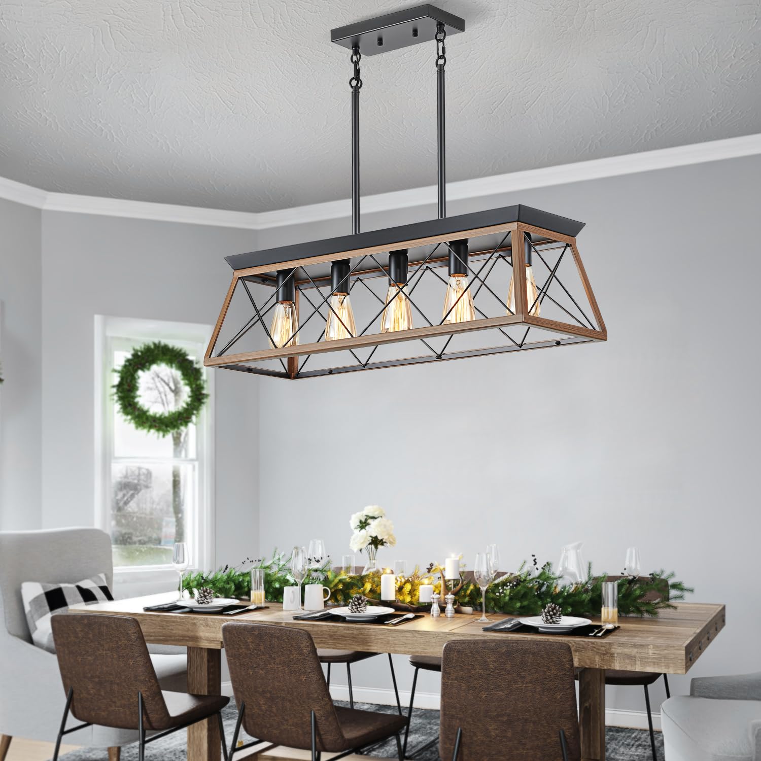 5-Light Farmhouse Pendant Light for Dining Room, Rustic Kitchen Island Lighting, Adjustable Height Chandeliers for Kitchen, Dining Room Table Black