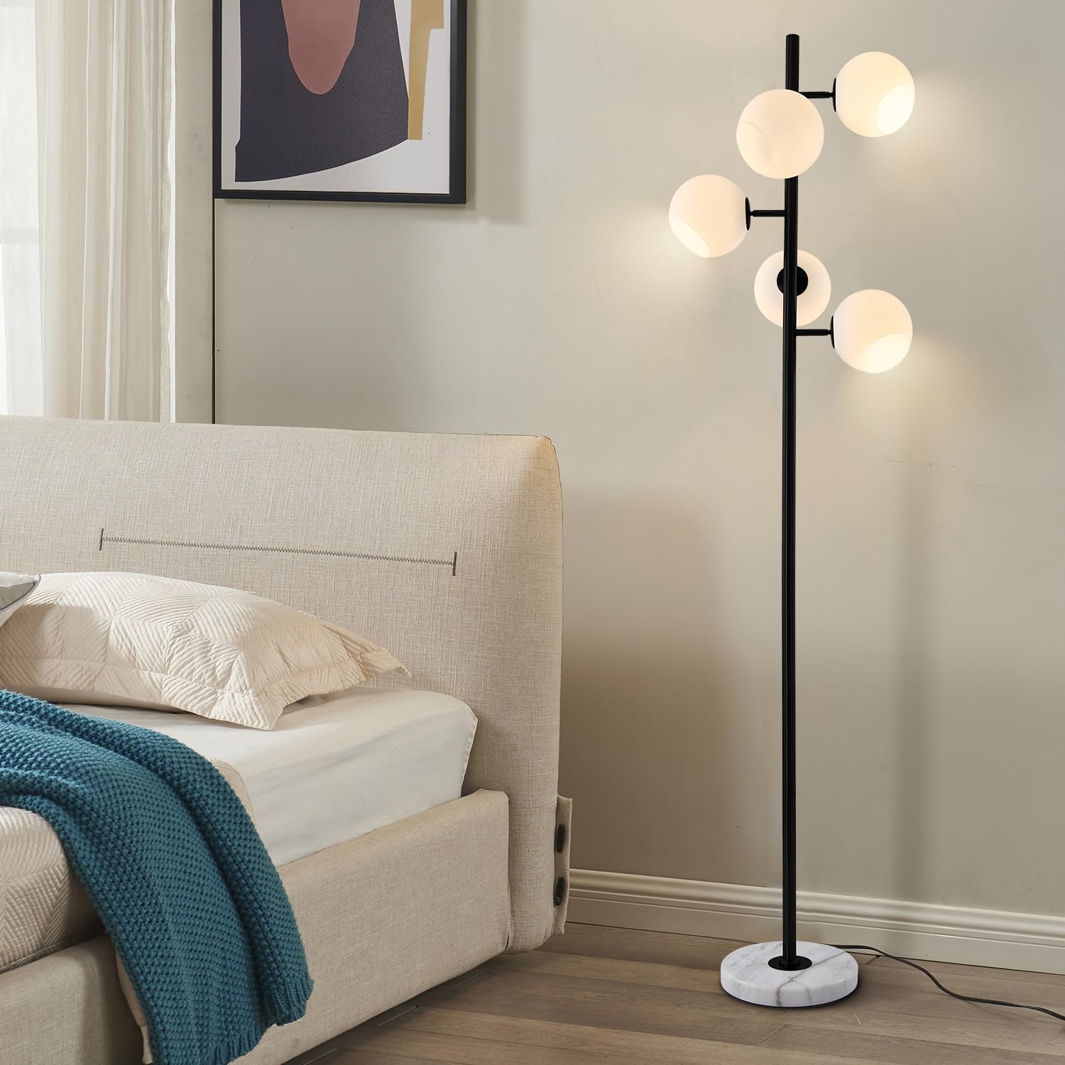 Lighting 5-Light Frosted White Glass Globe Floor Lamp Mid Century Modern Gold Tall Pole Standing Light LED Standing Lamps with Foot Switch for Home Office (Gold)