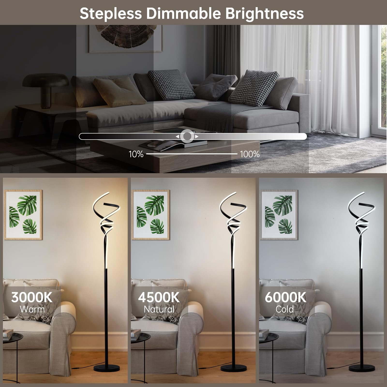 Modern Spiral Floor Lamps for Living Room, LED Spiral Floor Lamp 48W Tall Standing Lamp Timing 63"-67" Adjustable Height 3 Color Dimable Corner Black Floor Lamps for Bedroom Office