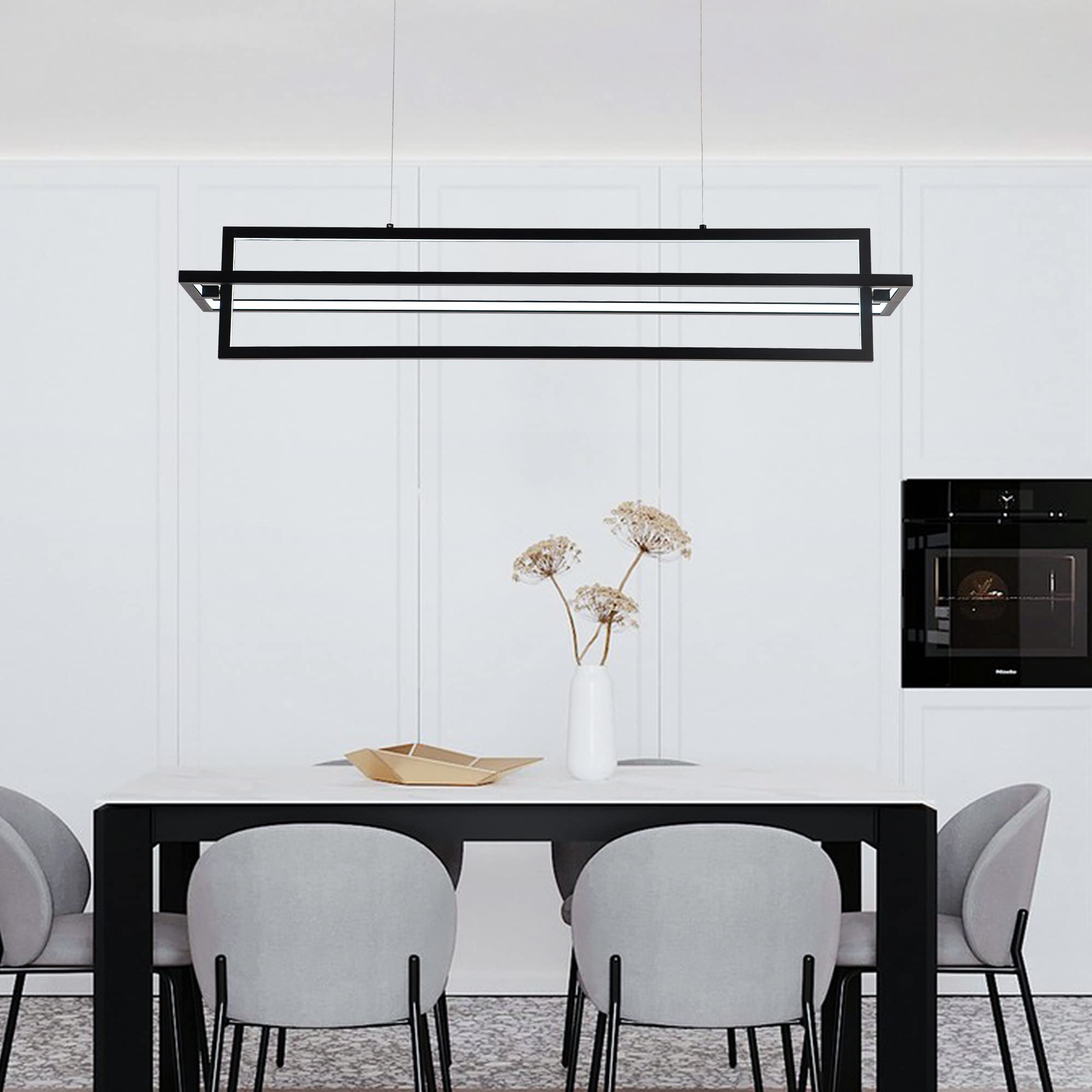 Modern LED Chandelier Linear Rectangle Chandelier Dimmable 35.4” Kitchen Island Lighting, Contemporary Hanging Linear Led Pendant Chandelier Light Fixture for Dining Room Hallway Bar Black