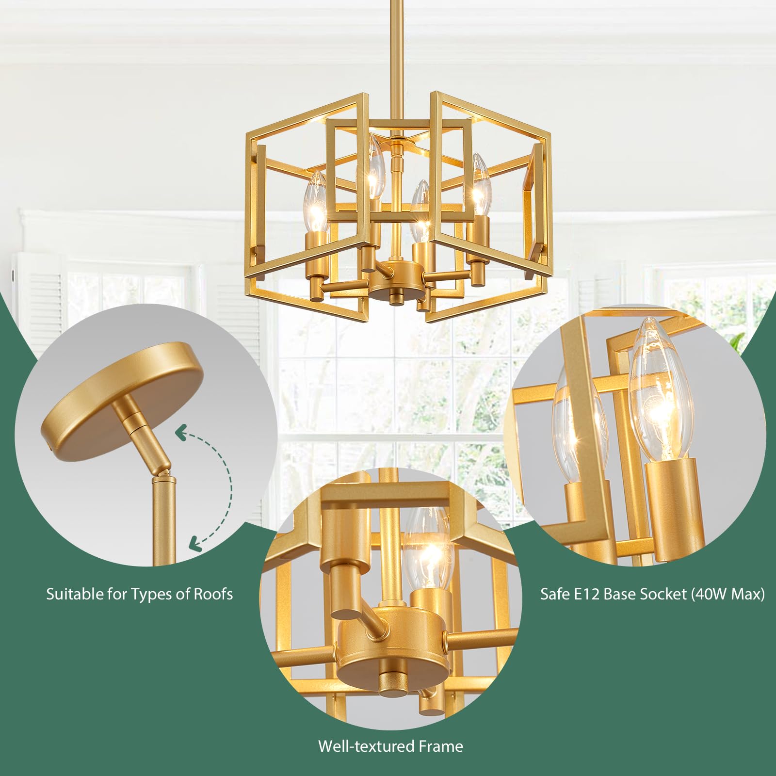 Gold Chandelier 5-Light Modern Kitchen Island Lighting Fixtures, Farmhouse Pendant Light 20 inches Retro Height Adjustable Ceiling Light for Dining Room, Bedroom, Living Room,Foyer