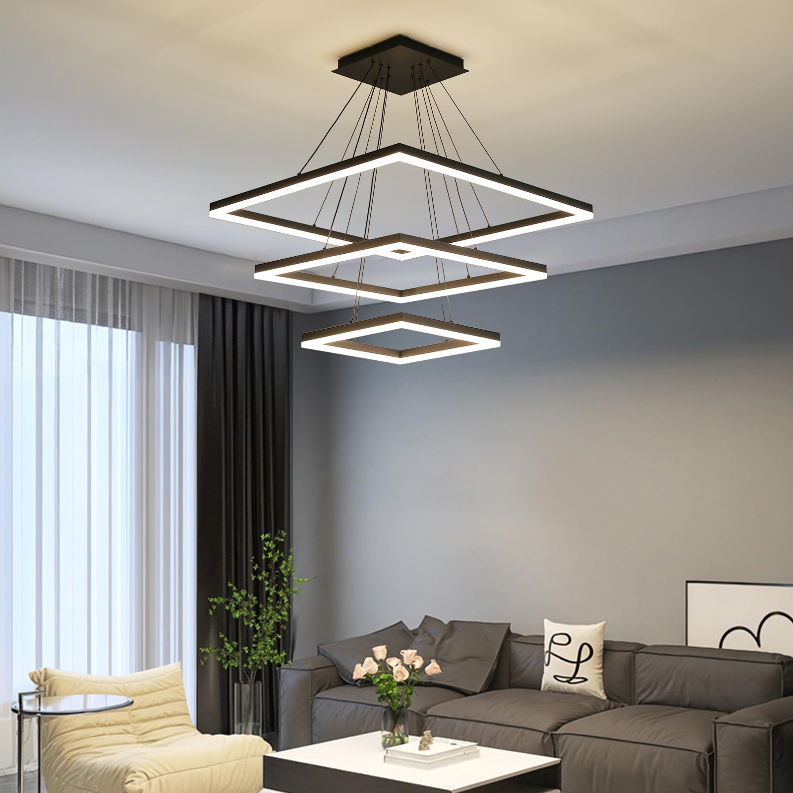 Modern LED Chandelier, Double Rectangles Ceiling Pendant Lights, LED Island Lights Dimmable Chandeliers for Dining Room Living Room Bedrooms, Black (40CM/60CM)