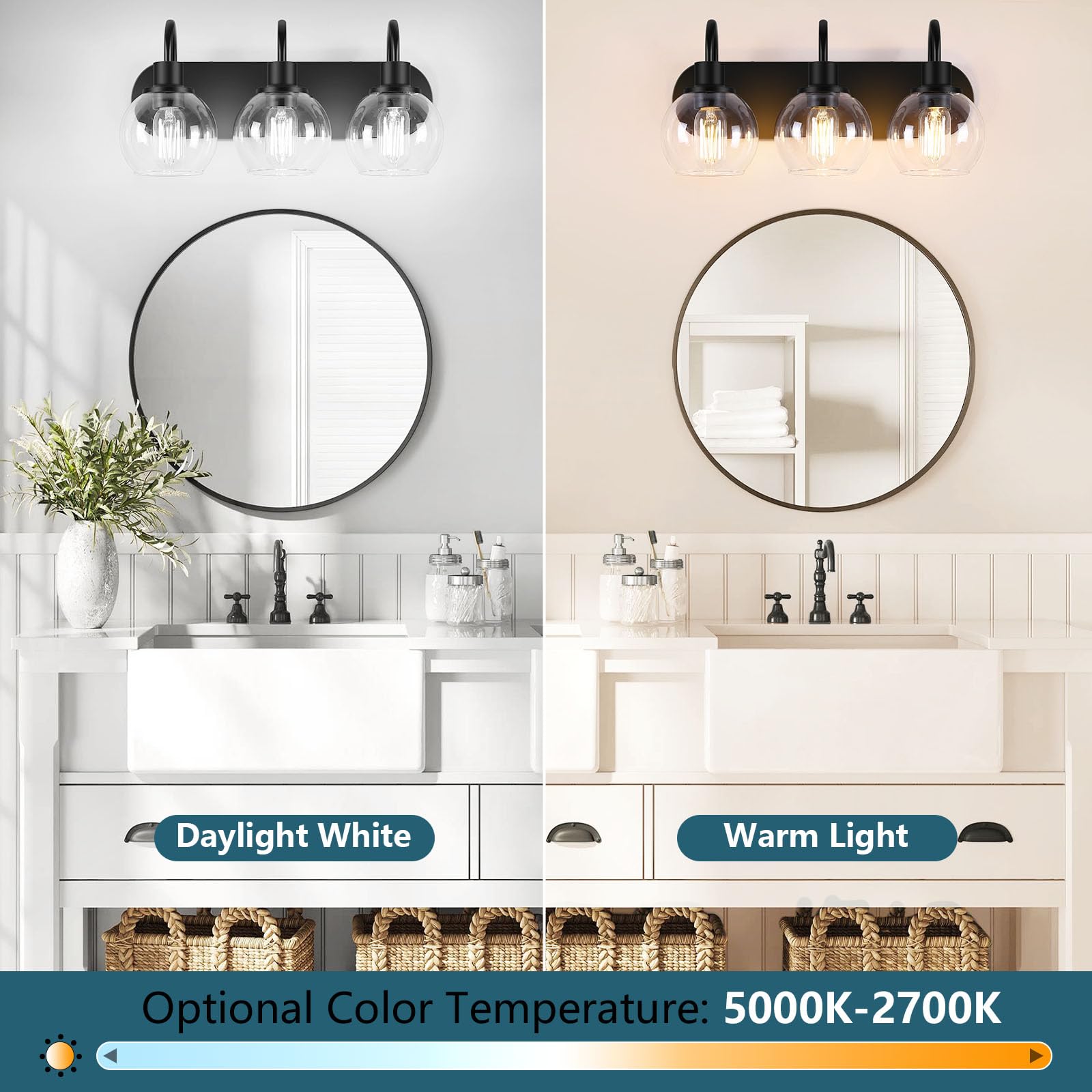 Industrial Bathroom Vanity Light， 4-Light Bathroom Lights Over Mirror with Clear Glass Globe Shade and Metal Base, Matte Black Bathroom Vanity Light Fixture