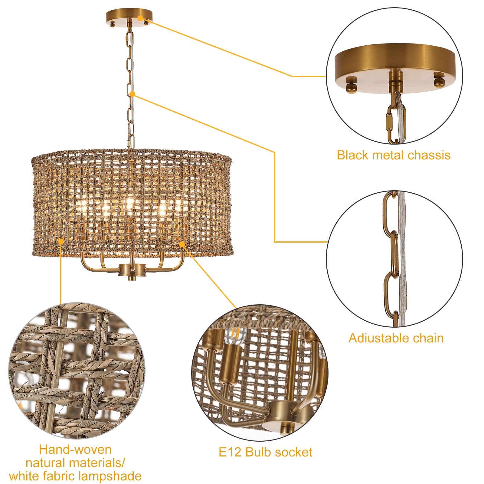 Hand-Woven Rattan Chandelier Vintage Farmhouse Boho Bamboo Chandelier Light Fixture Rustic Retro 5-Lights Drum Wicker Rattan Black Chandelier for Dining Room, Kitchen, Living Room, E12