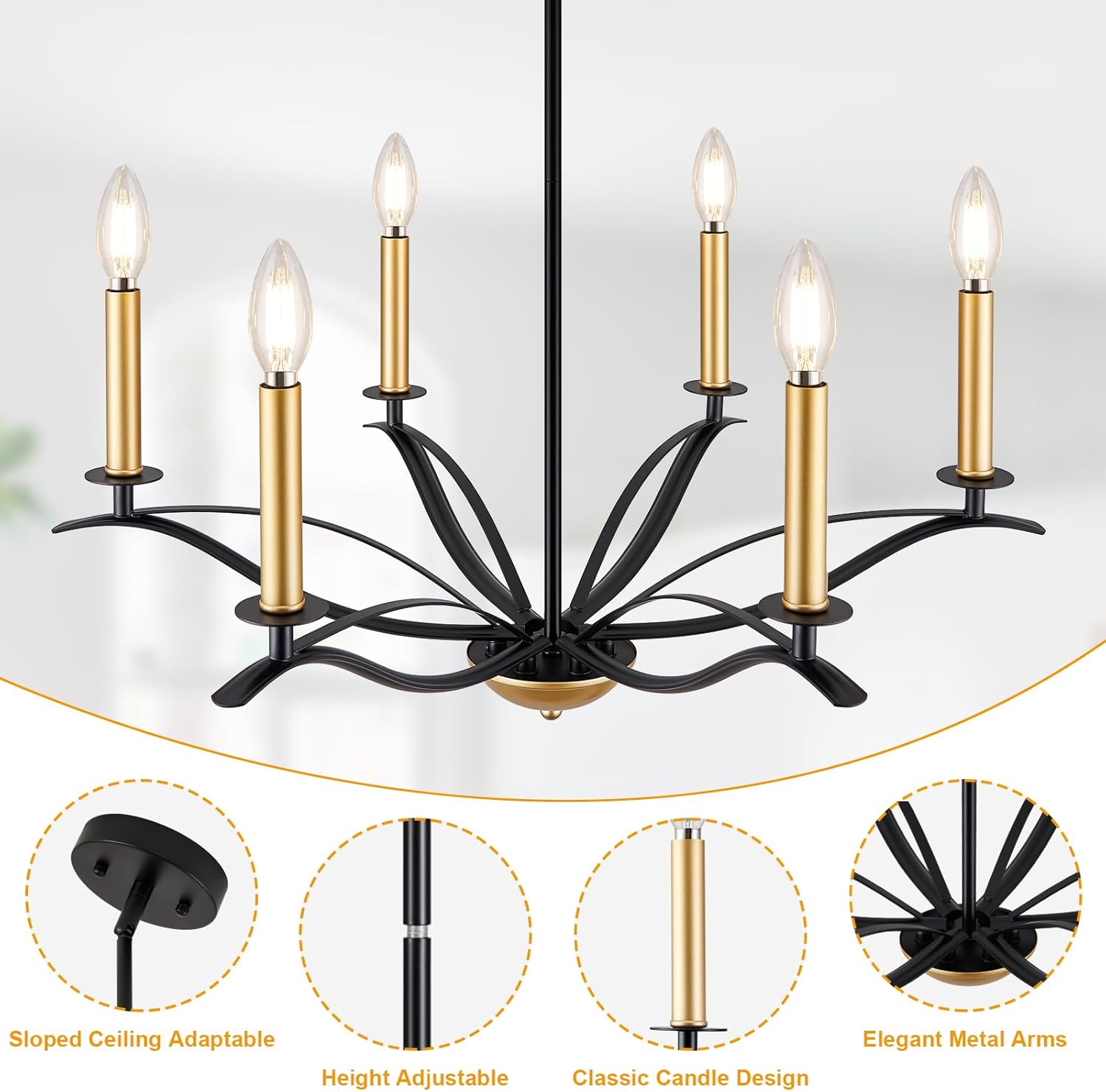 Black and Gold Chandelier, 6-Light Farmhouse Chandelier for Dining Room, Modern Candle Dining Light Fixture, Metal Chandelier Hanging Lighting for Kitchen, Living Room, Foyer, Entryway