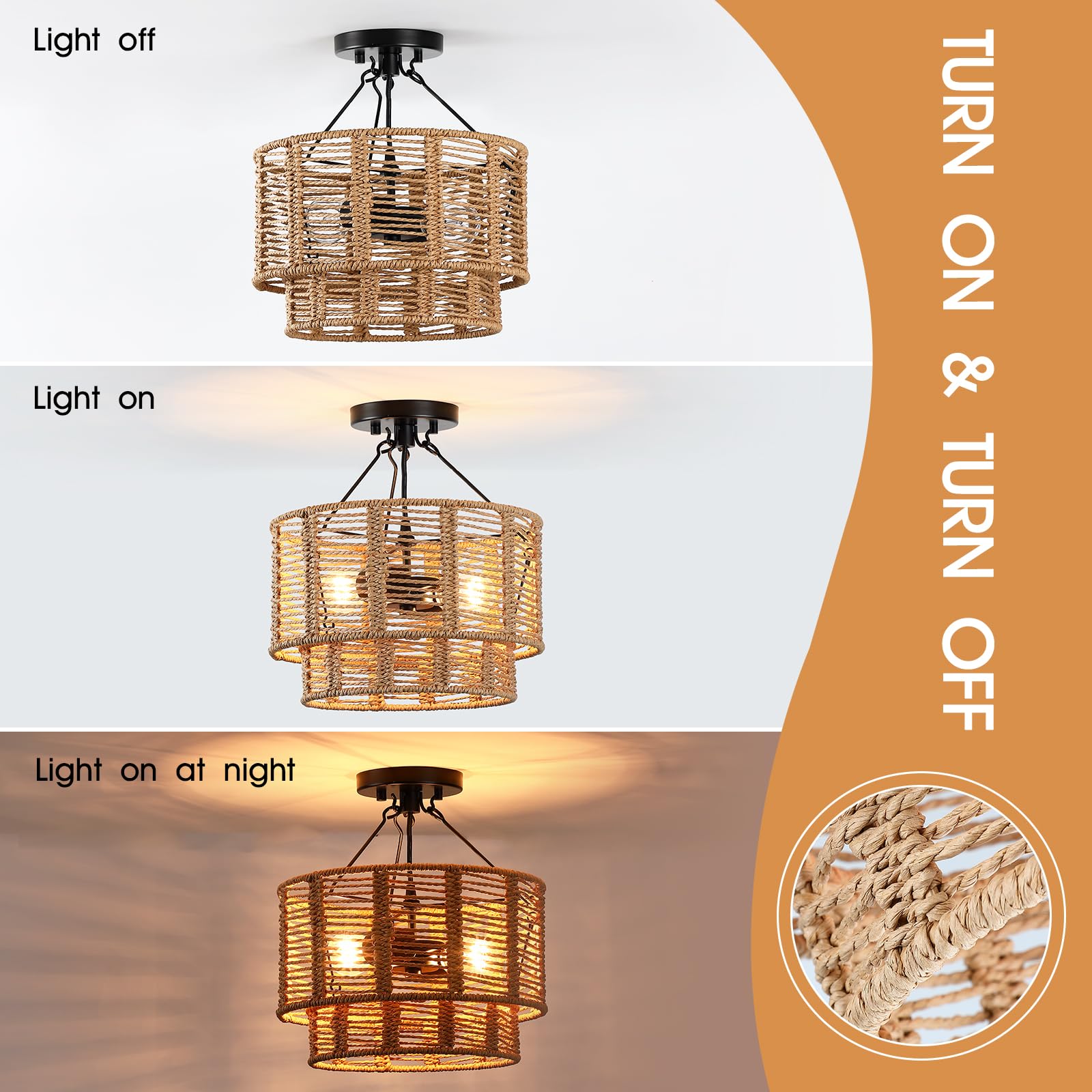 12'' Rattan Ceiling Light Fixtures Boho Chandelier Rattan Semi Flush Mount Ceiling Light with Tiered Wicker Lampshade,Farmhouse Ceiling Light Fixtures for Bedroom Entryway Living Room Nursery