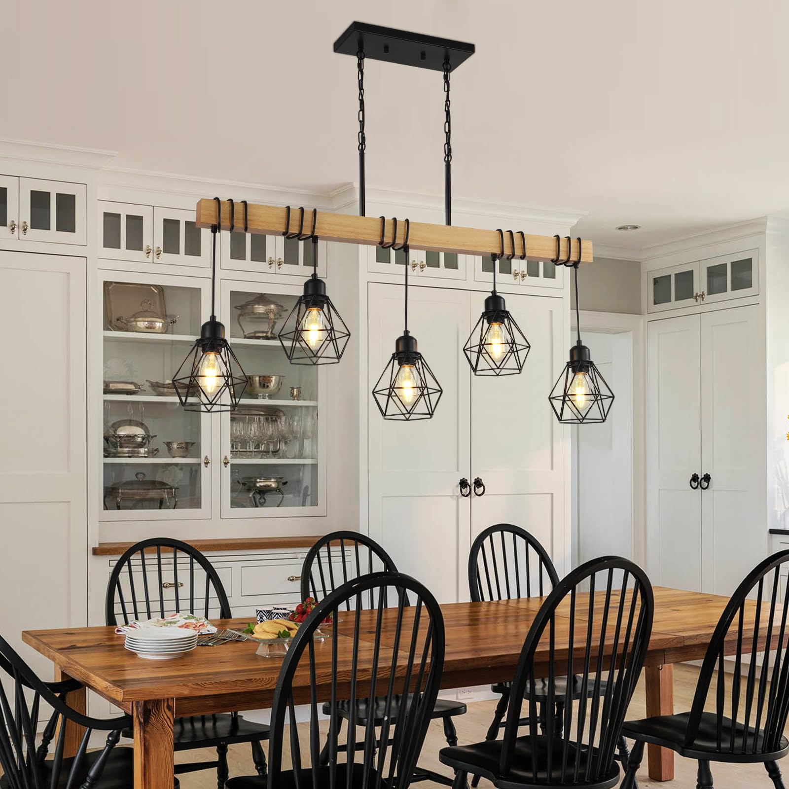 5-Light Kitchen Island Lighting,Modern Chandelier Over Table, Dining Room Light Fixture Hanging for Modern Farmhouse Linear Chandeliers Black Rustic Wood Ceiling Pendant Light Fixtures