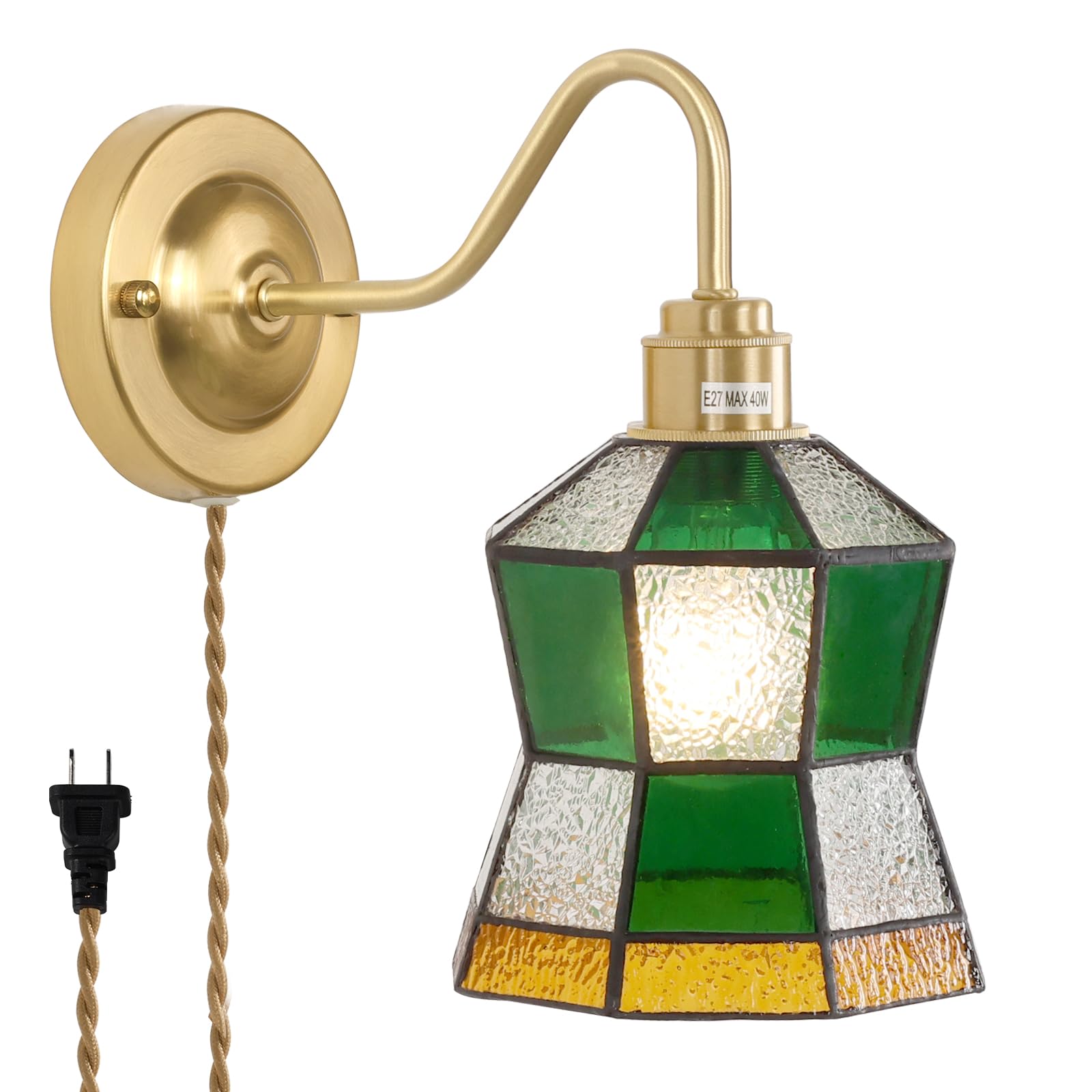 Wall Sconce, Wall Mounted Lamps with Green Checker Sconce, Stained Glass Shade Brass Wall Lights Fixture with Plug in Cord and Switch for Bedroom Bathroom Living Room Hallway