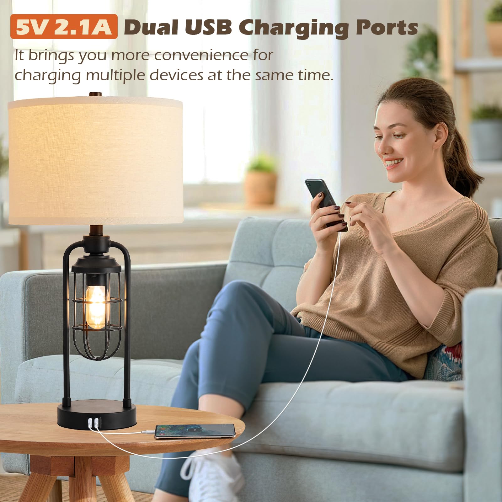 Farmhouse Dual USB Charging Ports 3-Way Dimmable Touch Control Table Lamp with Nightlight Black Bedside Lamps Lamps for Living Room Bedroom