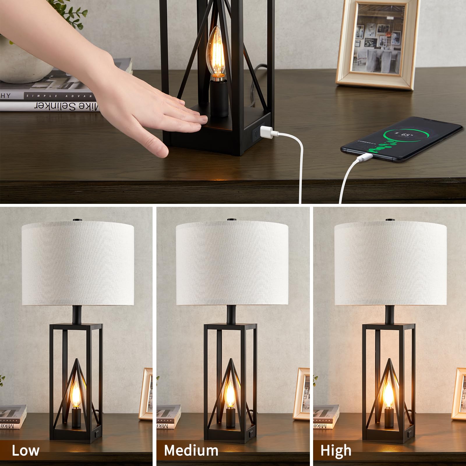 Modern Living Room Table Lamp Set of 2 with Night Light,Black Touch Control Lamp Sets with USB Ports and Outlets,Four Bulbs Included